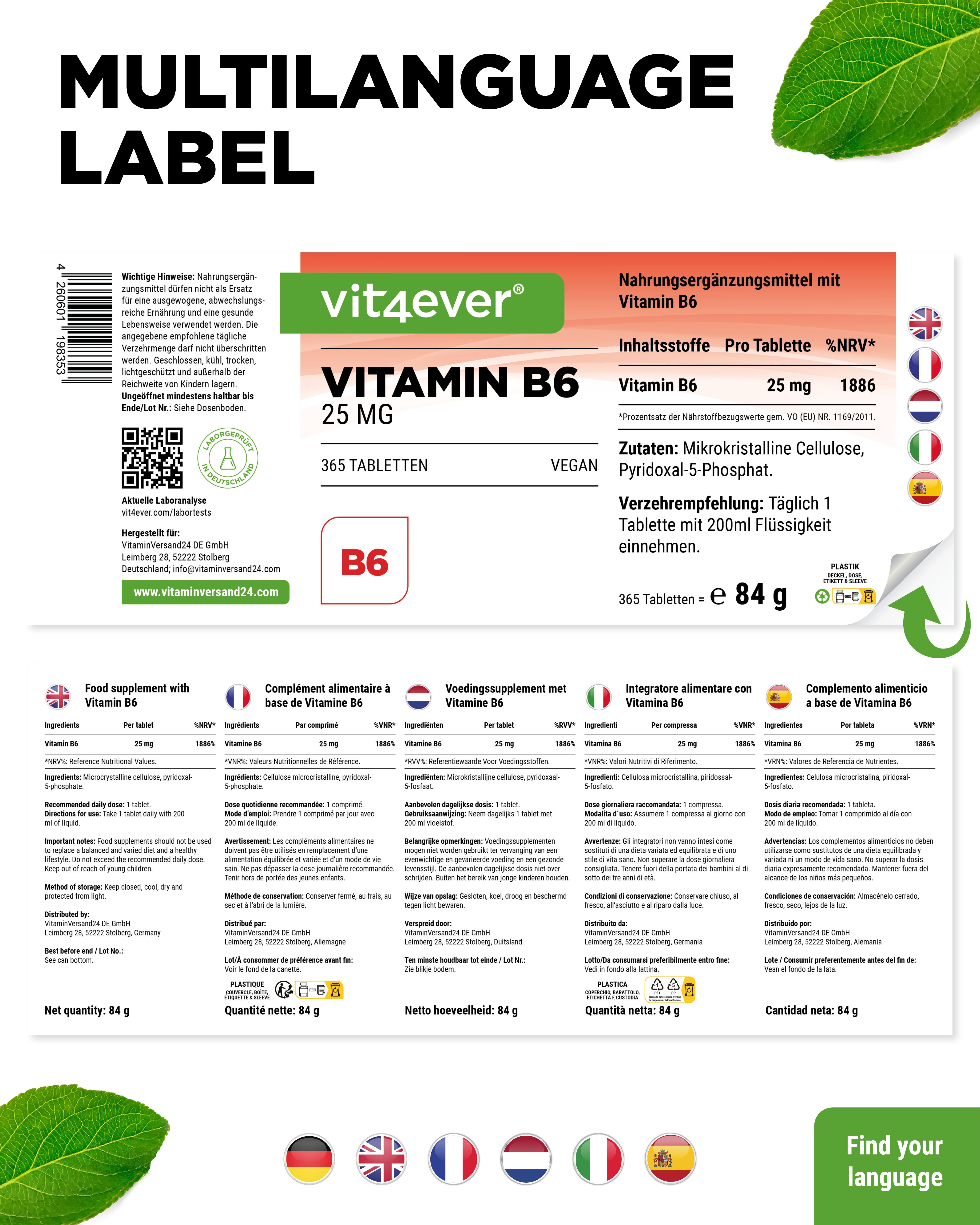 Mehrsprachiges Etikett mit Informationen zu Vitamin B6. Enthält Informationen in Deutsch, Englisch, Französisch, Italienisch, Spanisch.