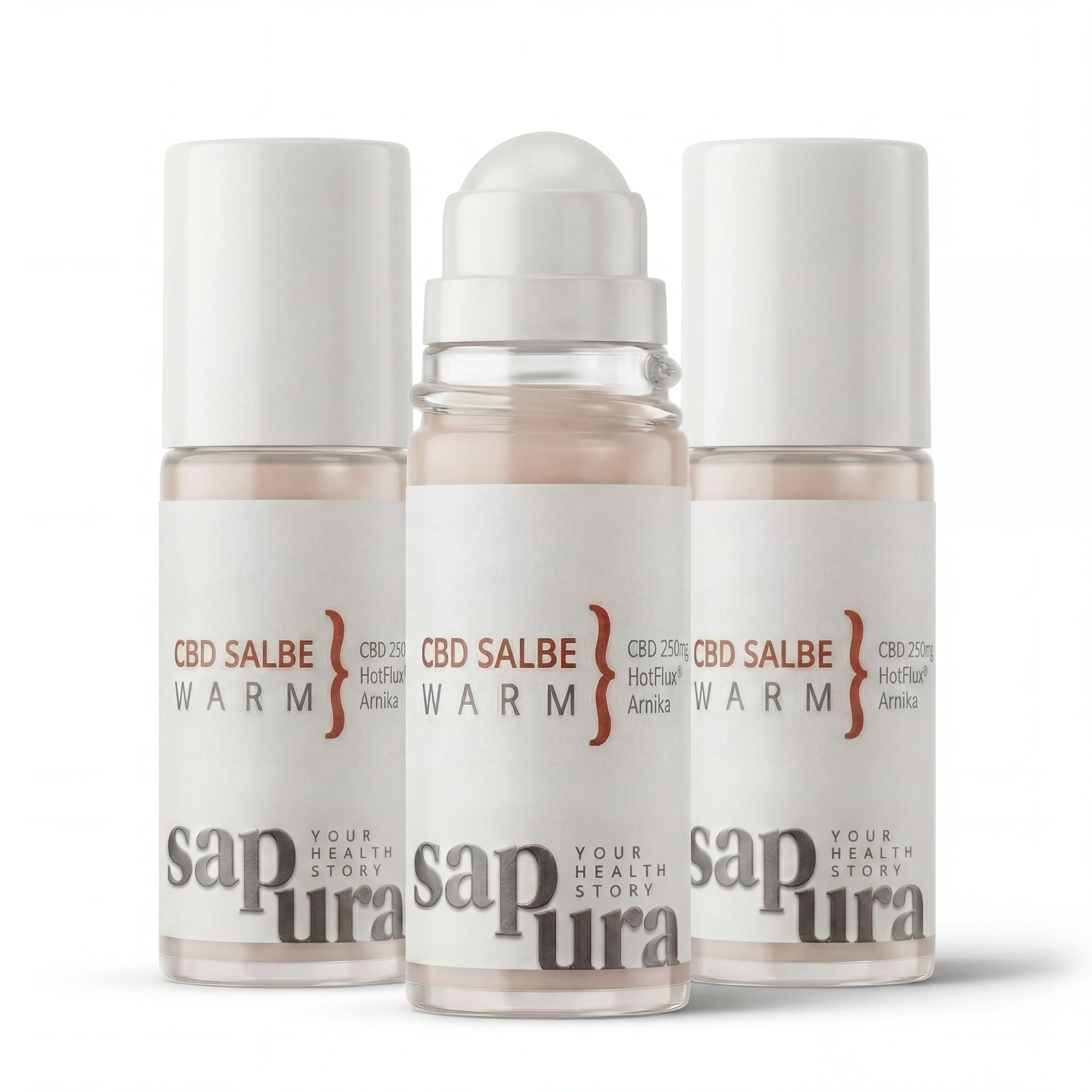 Drei SAPURA® CBD Wärmesalbe Roll-On Flaschen nebeneinander.