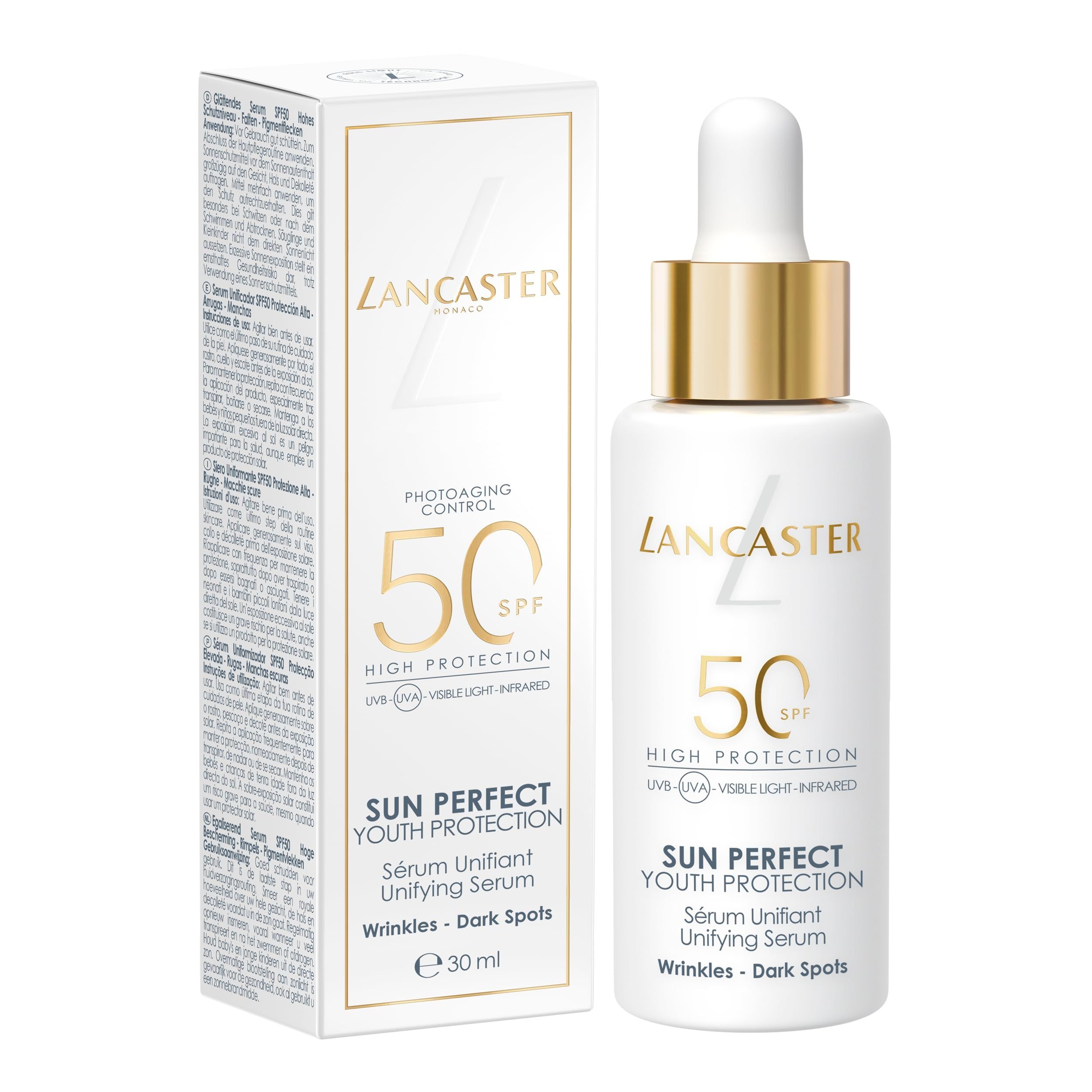 Produktflasche und Verpackung. Aufschrift: Lancaster, 50 SPF, Sun Perfect Youth Protection. Gegen Falten und dunkle Flecken. 30 ml.
