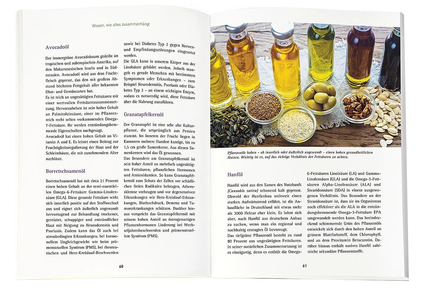 Buchseite mit Text und Fotos von Ölen, Samen und Nüssen. Text über gesunde Fette und Ernährung. Tabellen und Überschriften.