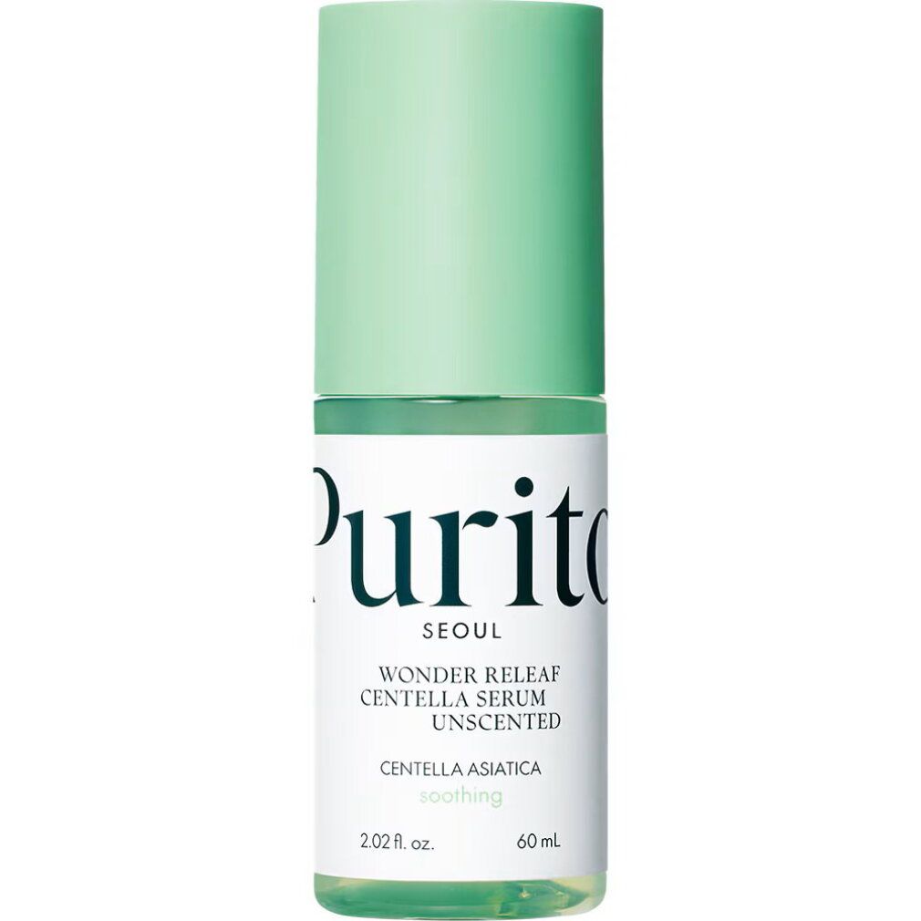 Purito Centella Unscented Serum Flasche mit grünem Verschluss und Etikett.