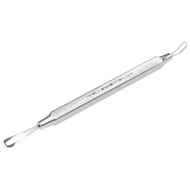 Metall-Komedonenquetscher mit zwei Schlingen. Aufschrift: remos professional body care.