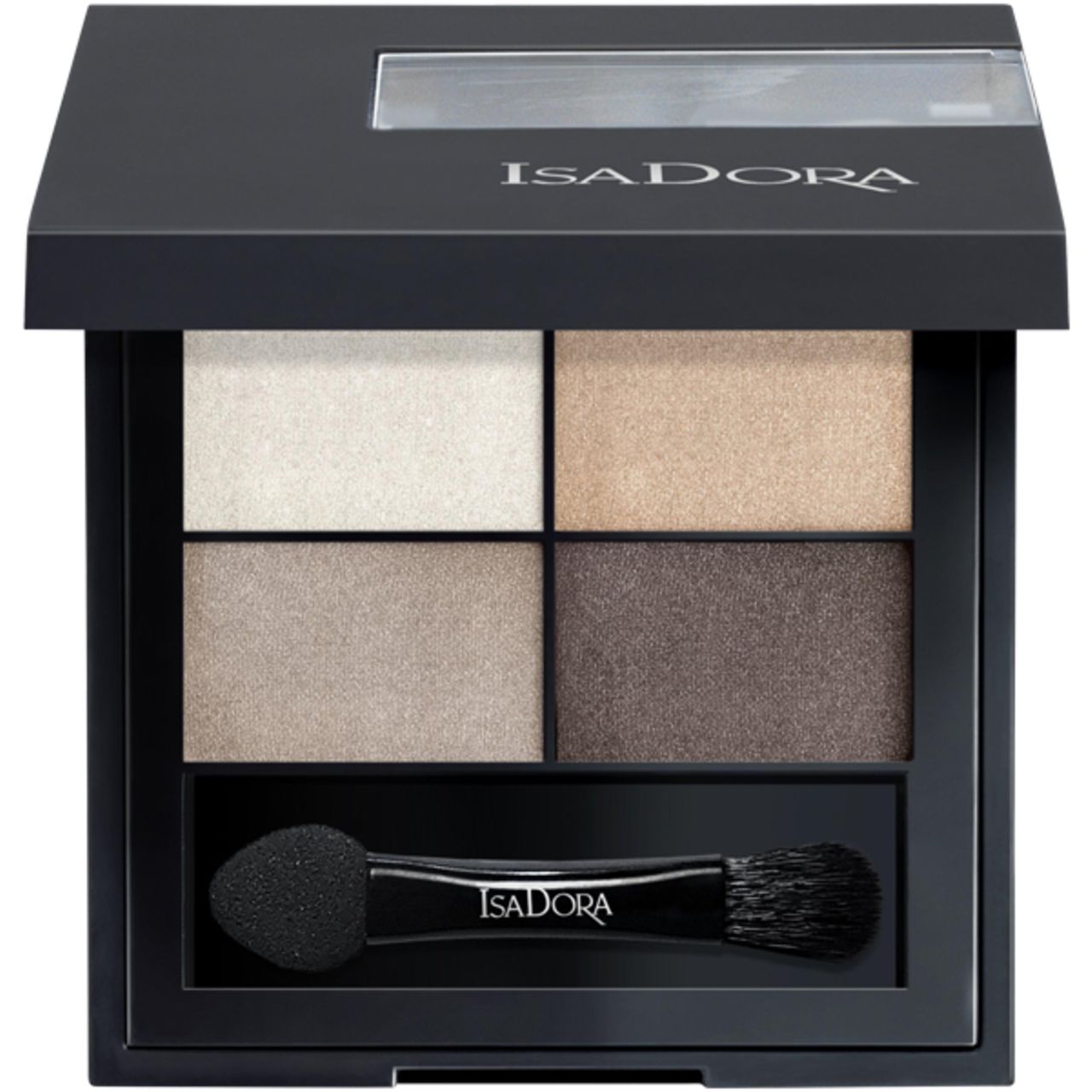 IsaDora Eyeshadow Quartet. Schwarze Palette mit vier Lidschattenfarben und Applikator. Markenname auf Palette und Applikator.