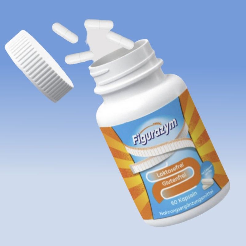 Weiße Kapseln fallen aus einer weißen Flasche mit dem Aufdruck Figurazym. Auf der Flasche sind die Begriffe "Laktosefrei" und "Glutenfrei" zu sehen.