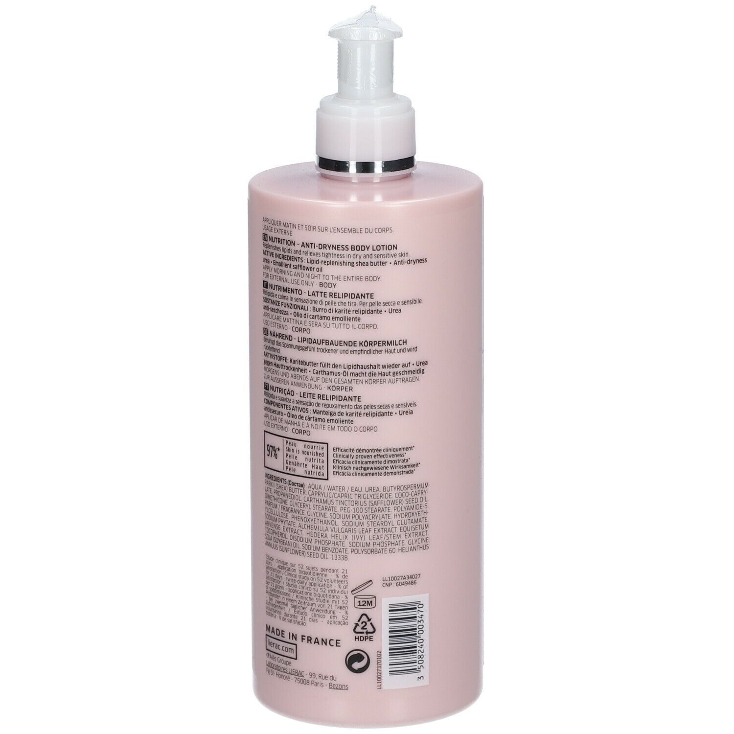 Rosa Flasche mit Pumpe. Rückseite mit Text und Barcode. Hergestellt in Frankreich.