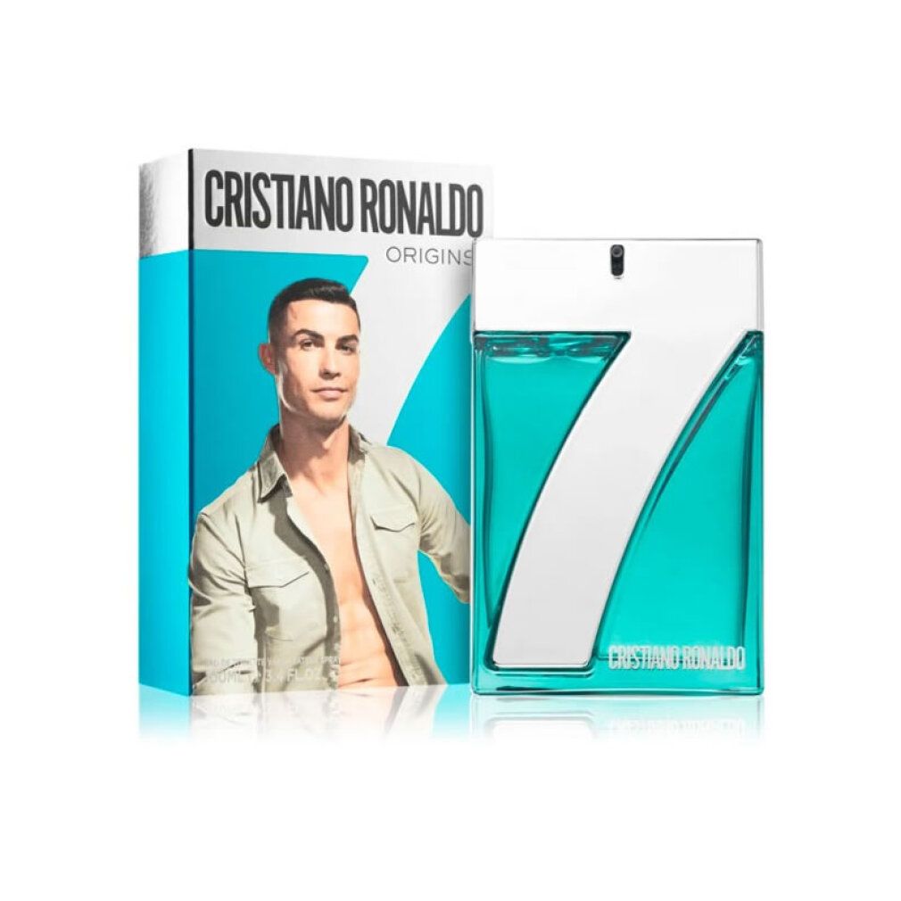 Cristiano Ronaldo 7Origins Eau de Toilette Set mit Flakon und Verpackung, die Cristiano Ronaldo zeigt.