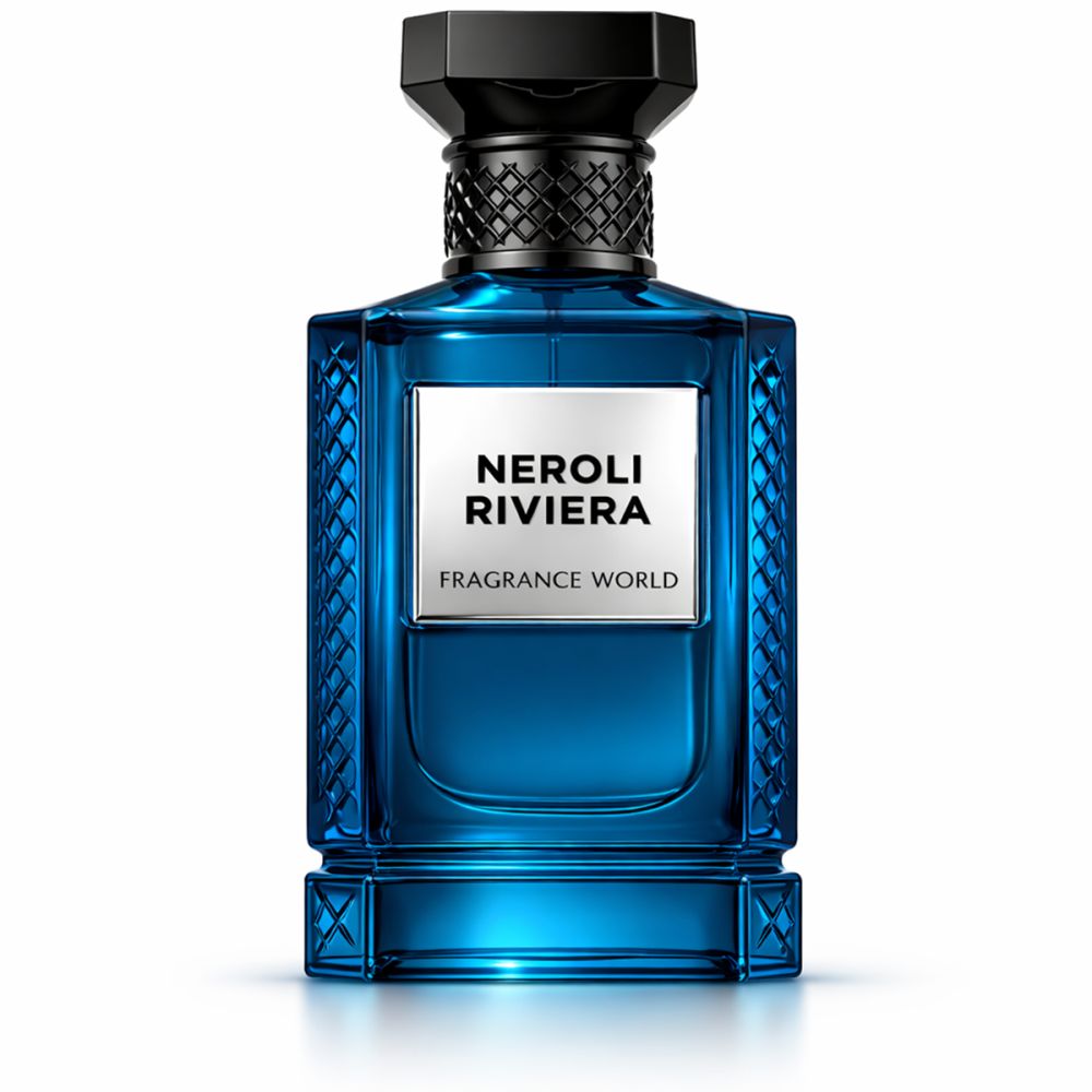 Blaues Parfümflakon mit schwarzem Verschluss. Auf dem Etikett steht "NEROLI RIVIERA" und "FRAGRANCE WORLD".