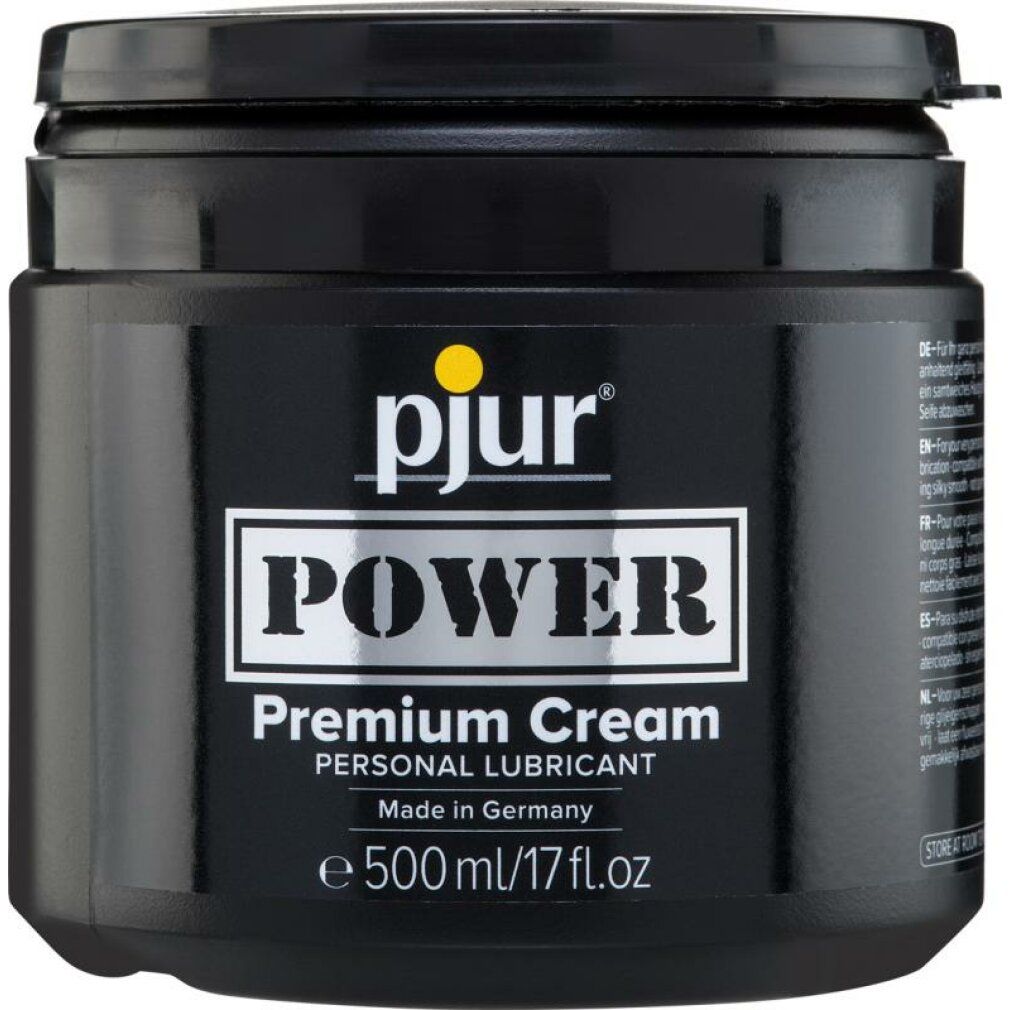 Schwarzer Tiegel mit gelbem Logo und Schriftzug. Aufschrift: POWER Premium Cream. 500 ml/17 fl.oz. Hergestellt in Deutschland.