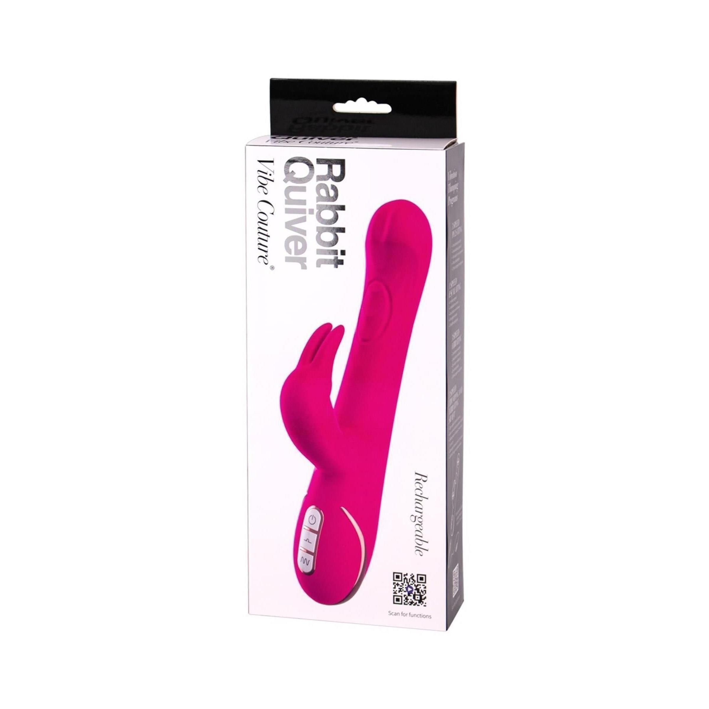 Rosa Vibrator in Verpackung. Produktname: Rabbit Quiver. Marke: Vibe Couture. Mit Bedienfeld und Ladefunktion.