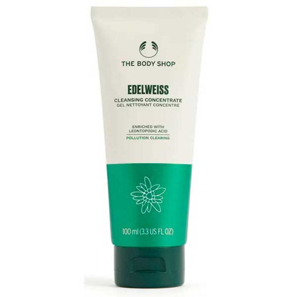 Tube "THE BODY SHOP EDELWEISS Cleansing Concentrate". Grün-weißes Design, floraler Aufdruck, Text in Englisch und Französisch. 100 ml.