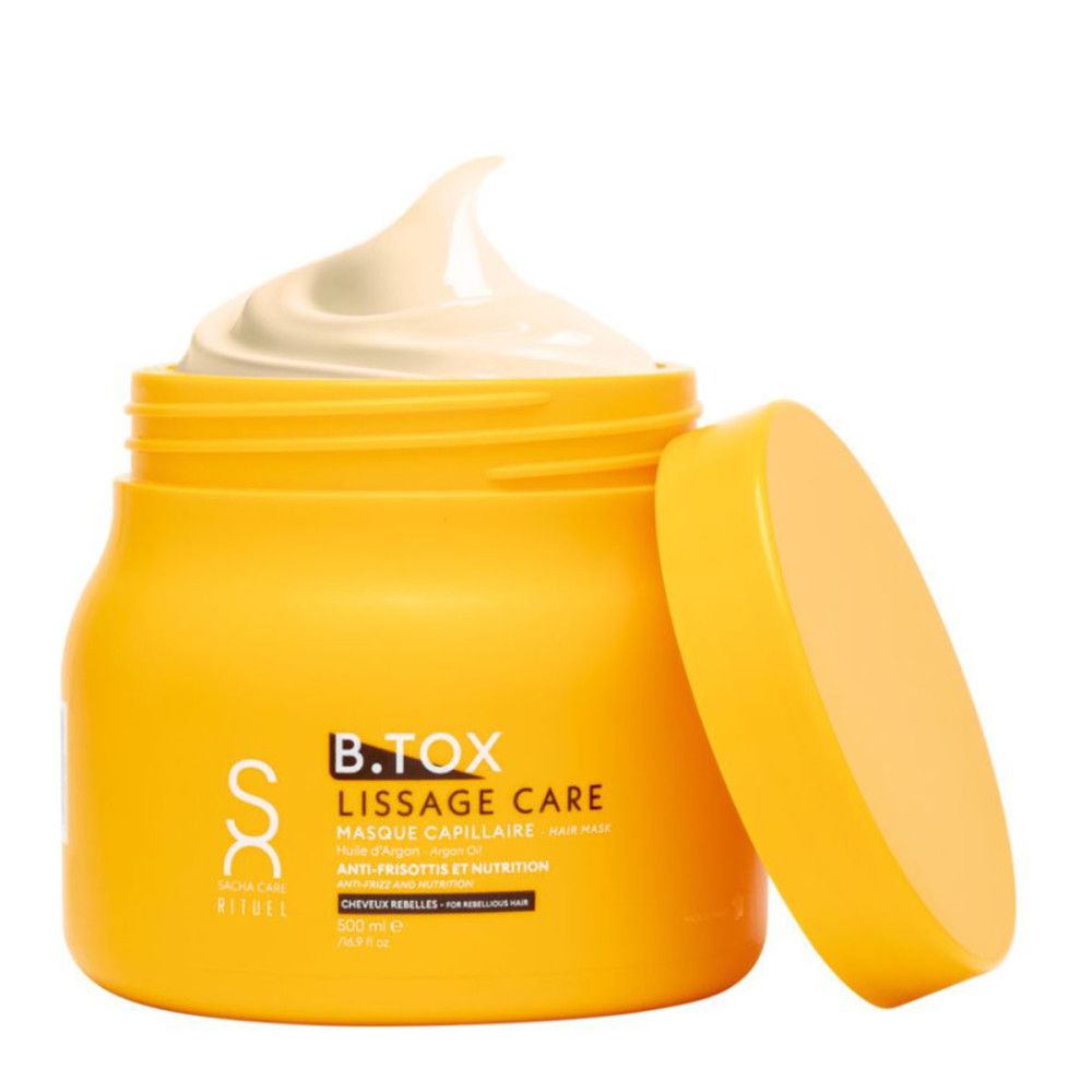 Gelbe Dose mit Deckel, Produktname B.Tox Lissange Care. Aufschrift: Anti-Frizz und Ernährung. Cremige Substanz sichtbar.
