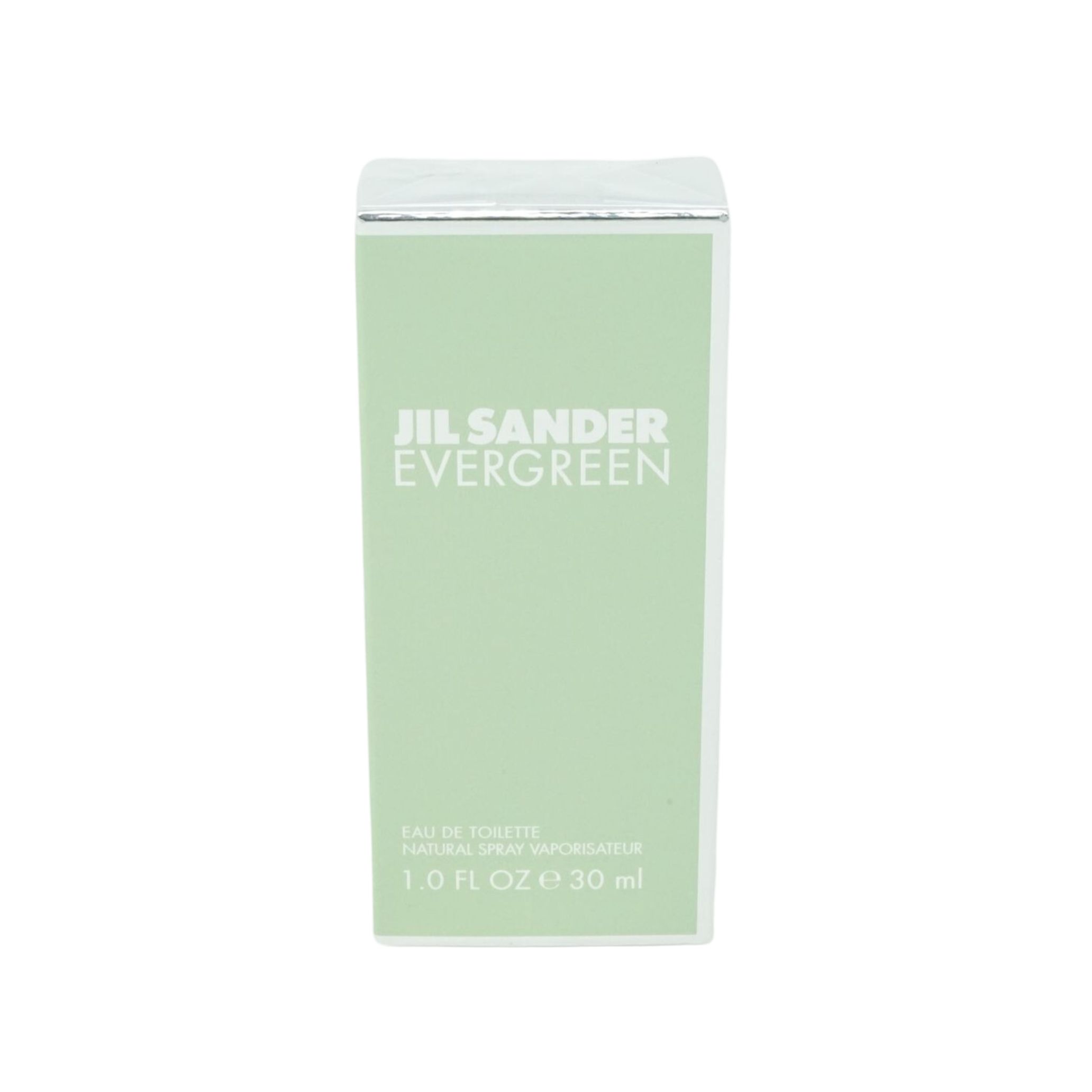 Jil Sander Evergreen Eau de Toilette. Hellgrüne Verpackung mit weißer Schrift. 1.0 FL OZ 30 ml.