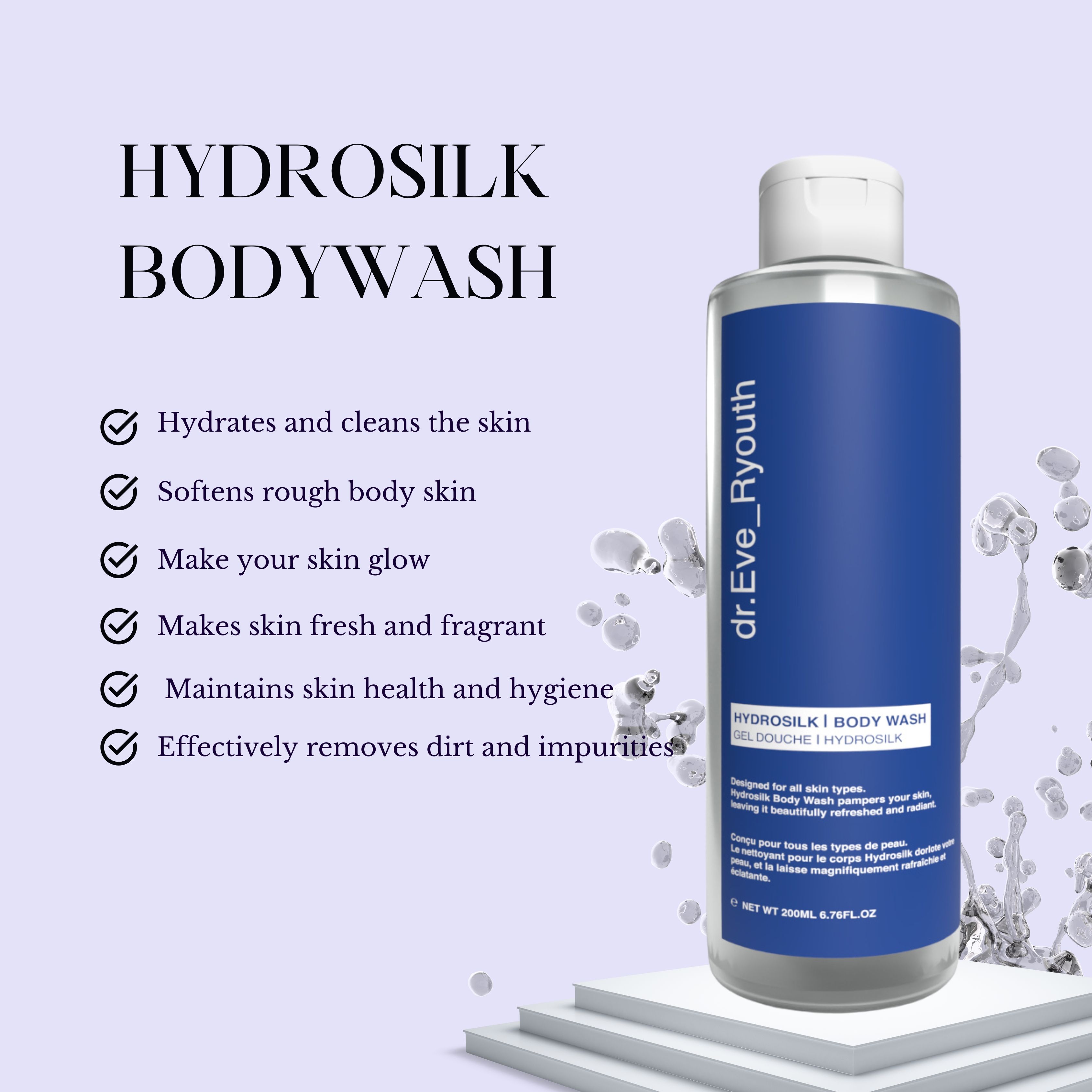 Produktflasche mit blauem Etikett. Aufschrift: Hydrosilk Bodywash, dr.Eve_Ryouth. Text mit Vorteilen. Auf weißem Podest, lila Hintergrund.