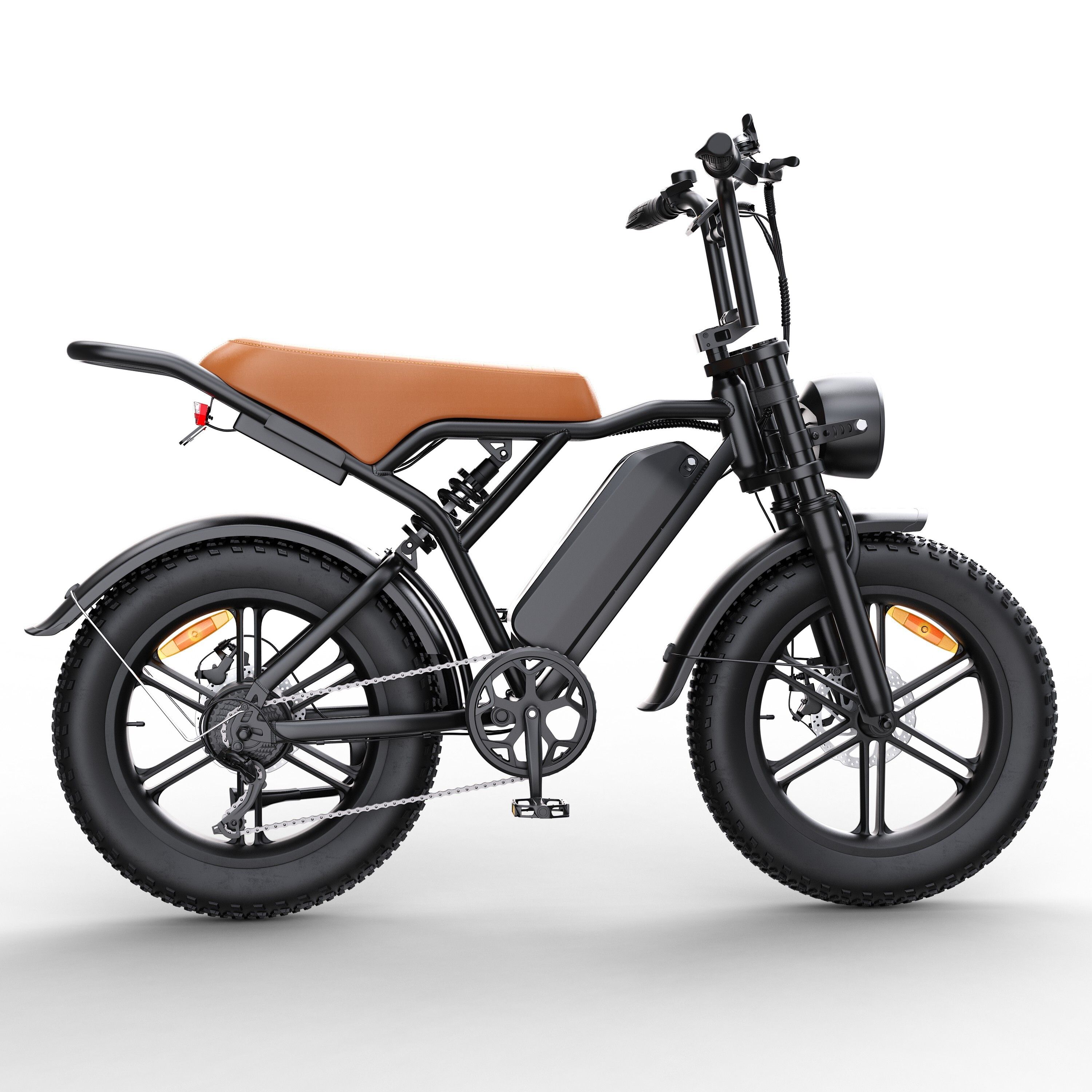 Schwarzes E-Bike mit braunem Sattel. Breitreifen, Scheinwerfer, Gepäckträger. 7-Gang-Getriebe.