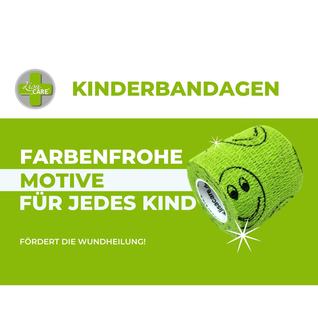 Vier Kreise mit Symbolen: wasserabweisend, Gelenk-stabilisierend, Regeneration fördernd, Wundschutz.