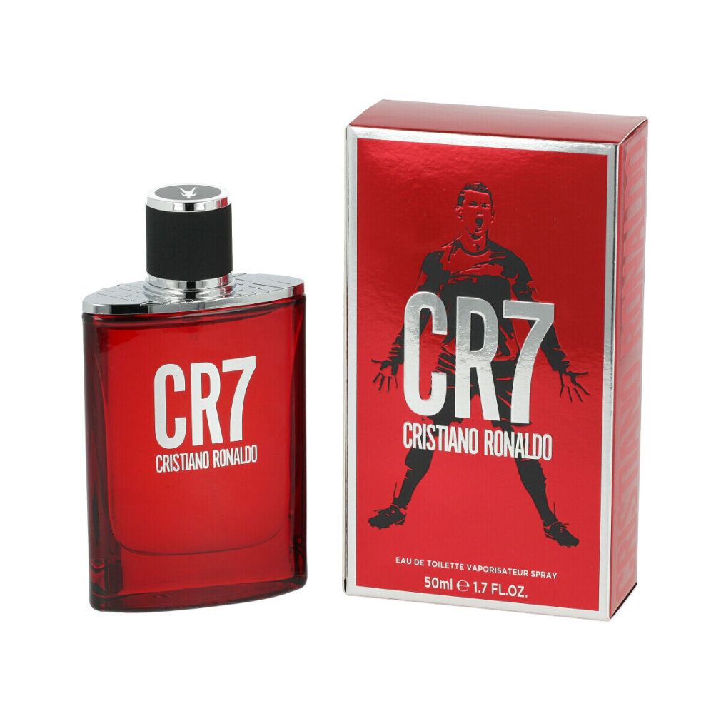 Rotes CR7 Eau de Toilette Spray und Verpackung. Verpackung mit Cristiano Ronaldo Silhouette. Schwarzer Verschluss.