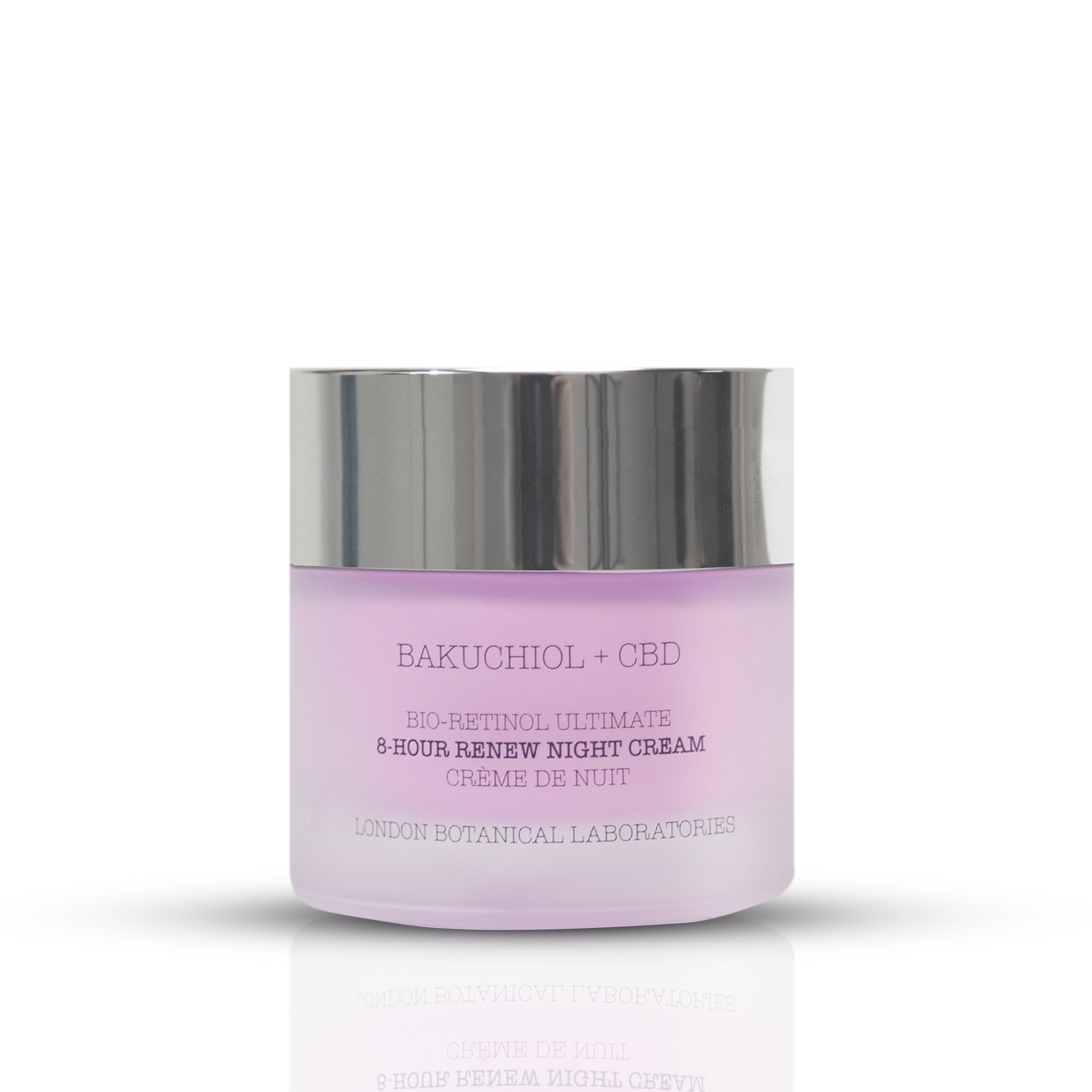 Creme-Tiegel mit silbernem Deckel. Aufschrift: Bakuchiol + CBD, Bio-Retinol Ultimate 8-Hour Renew Night Cream, Crème de Nuit. London Botanical Laboratories.