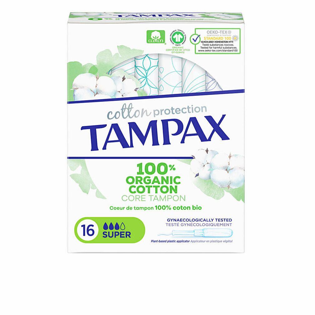 Verpackung mit Tampons. Marke: Tampax. 16 Super Tampons. 100% Bio-Baumwolle. Mit Applikator aus Pflanzenkunststoff. Gynäkologisch getestet.