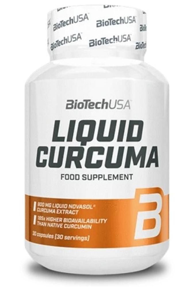 Weiße Flasche mit Aufschrift "BioTechUSA Liquid Curcuma". Orangefarbener Streifen mit Text. Kapseln.