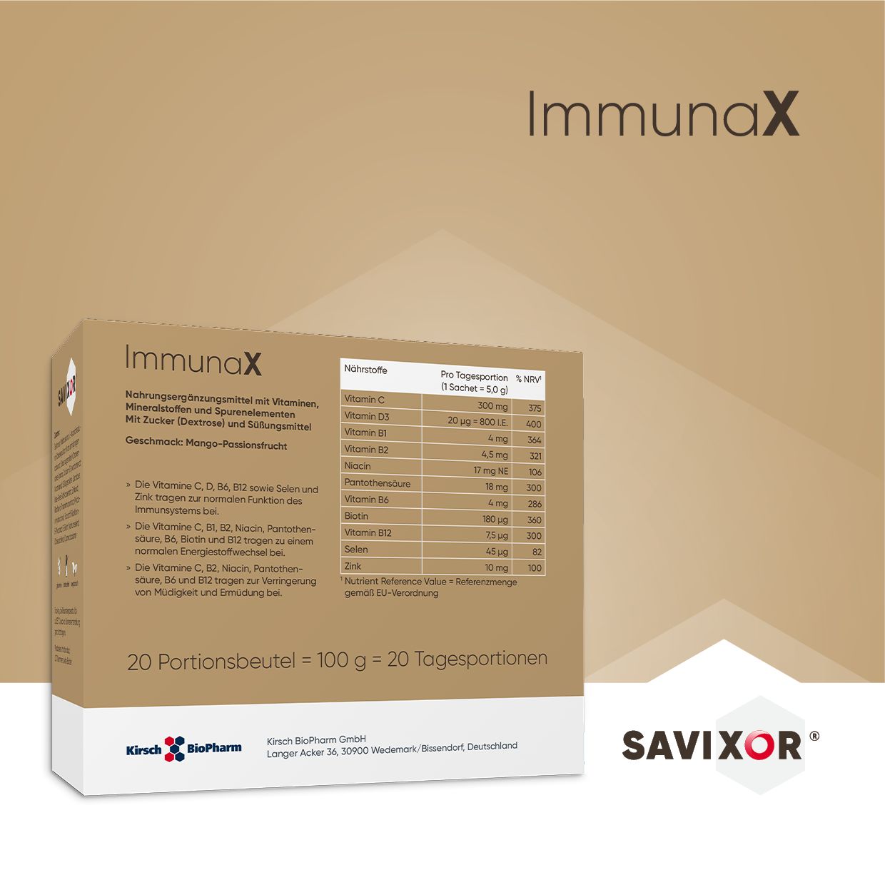 Savixor ImmunaX Vitamin-Komplex Pulver, Sachet. Box mit Nährwerttabelle. Enthält Vitamine und Mineralstoffe. 20 Portionen.