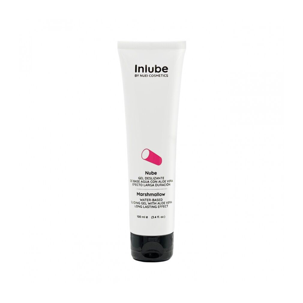 Weißes Tube mit schwarzem Deckel. Aufschrift: Inlube by NUEI Cosmetics, Nube, Marshmallow. Text in Spanisch und Englisch.