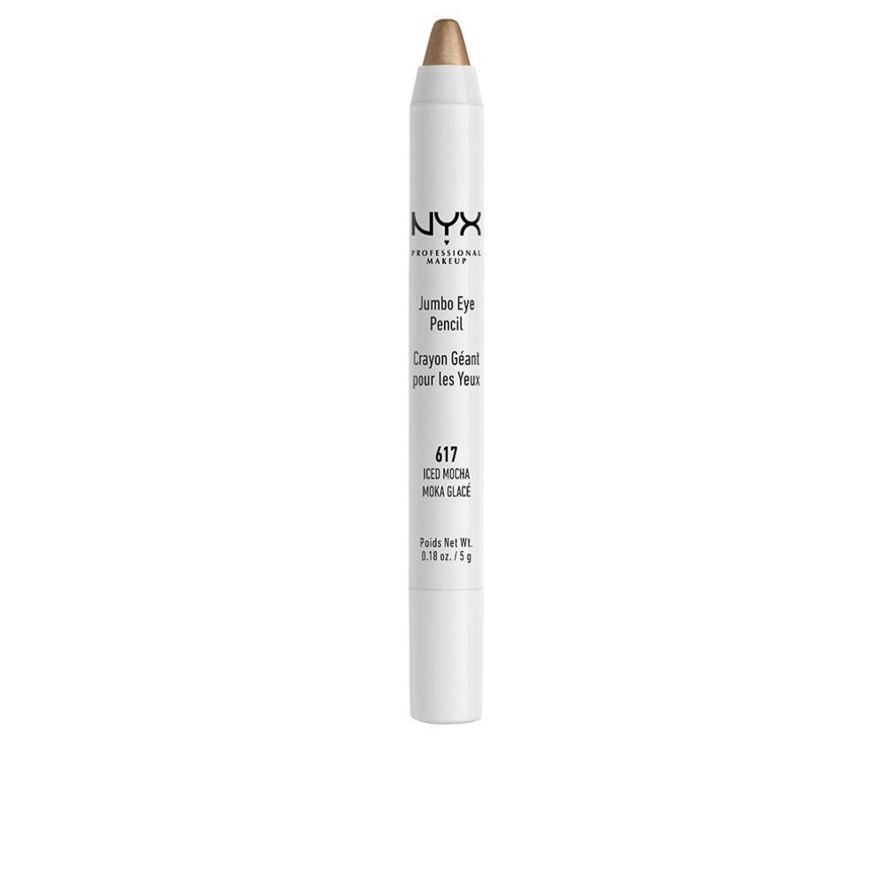 Weißer Jumbo Eye Pencil von NYX Professional Makeup. Spitze goldbraun. Text: Jumbo Eye Pencil, 617 Iced Mocha, 0.18 oz / 5 g.