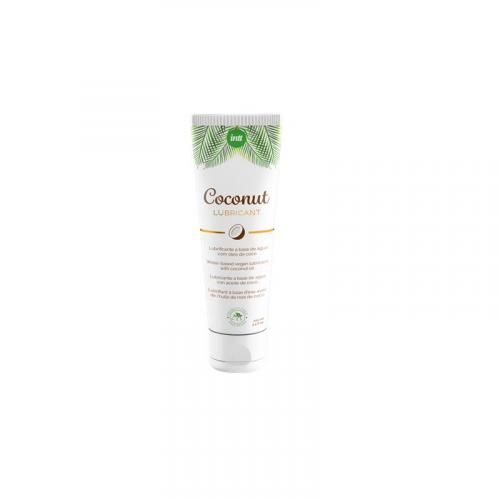 Weiß-grüne Tube mit Aufschrift "Coconut Lubricant". Kokosnuss-Illustration. Vegan-Siegel.
