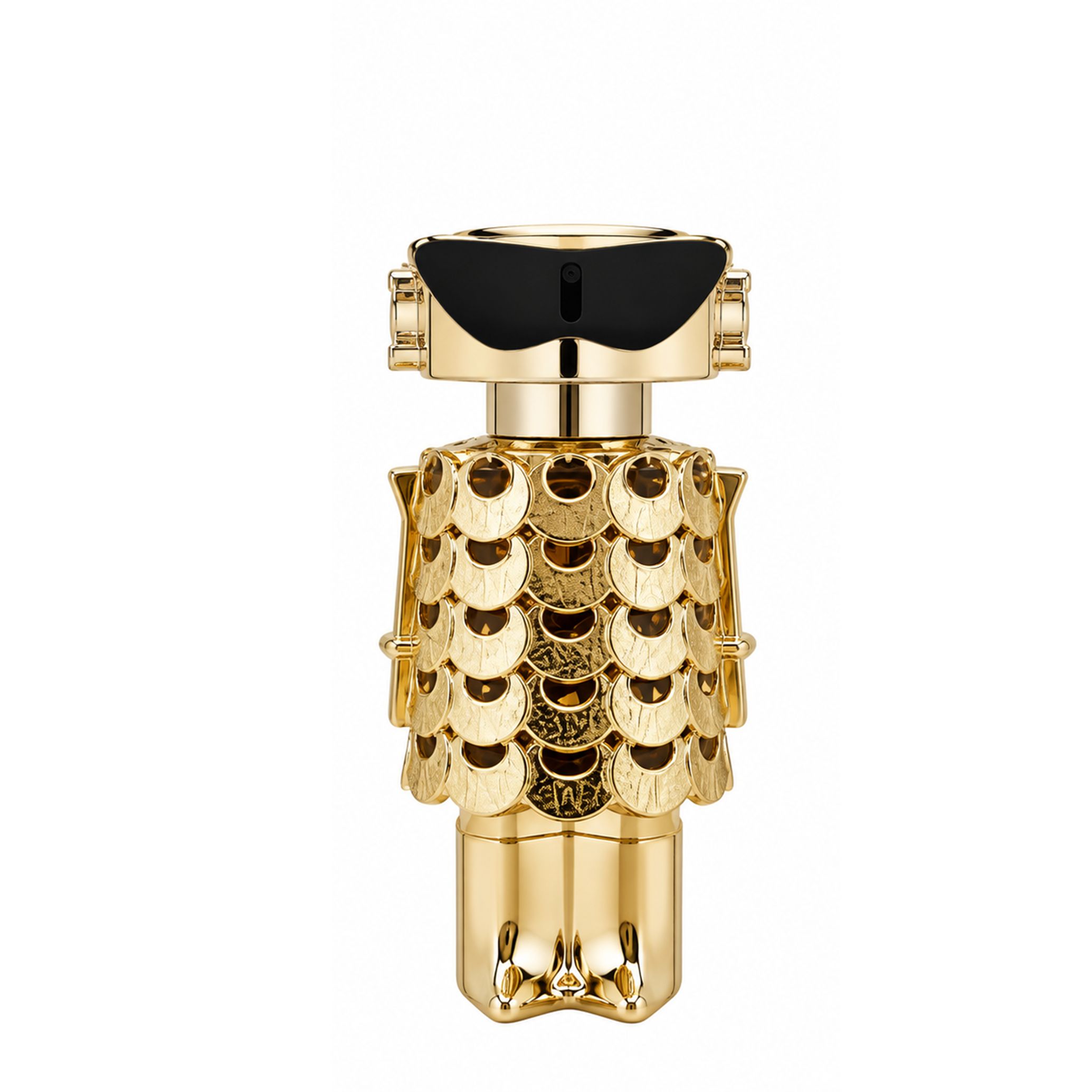 Goldener Roboter-Parfümflakon mit Sonnenbrille und Schuppenmuster, auf weißem Hintergrund.