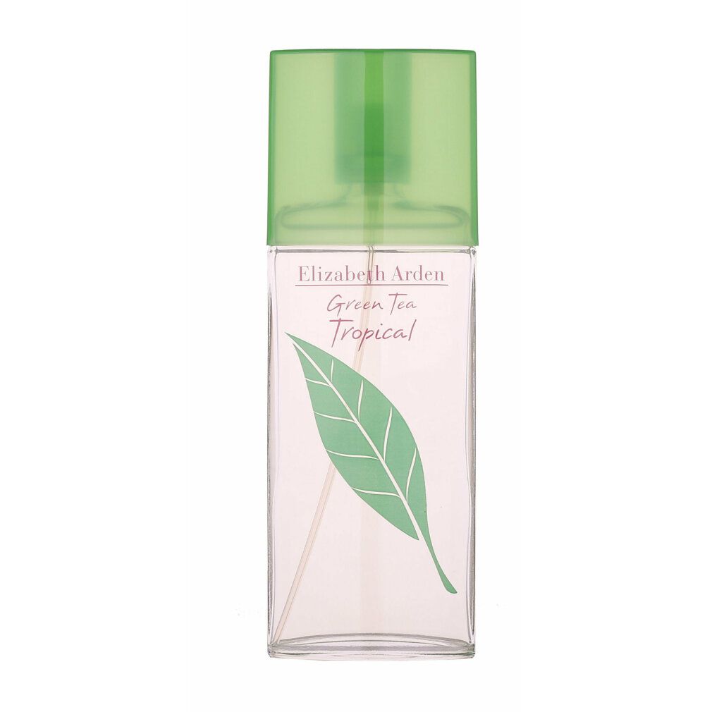 Rechteckige Flasche mit grünem Deckel. Aufschrift: Elizabeth Arden Green Tea Tropical. Grünes Blatt-Design.