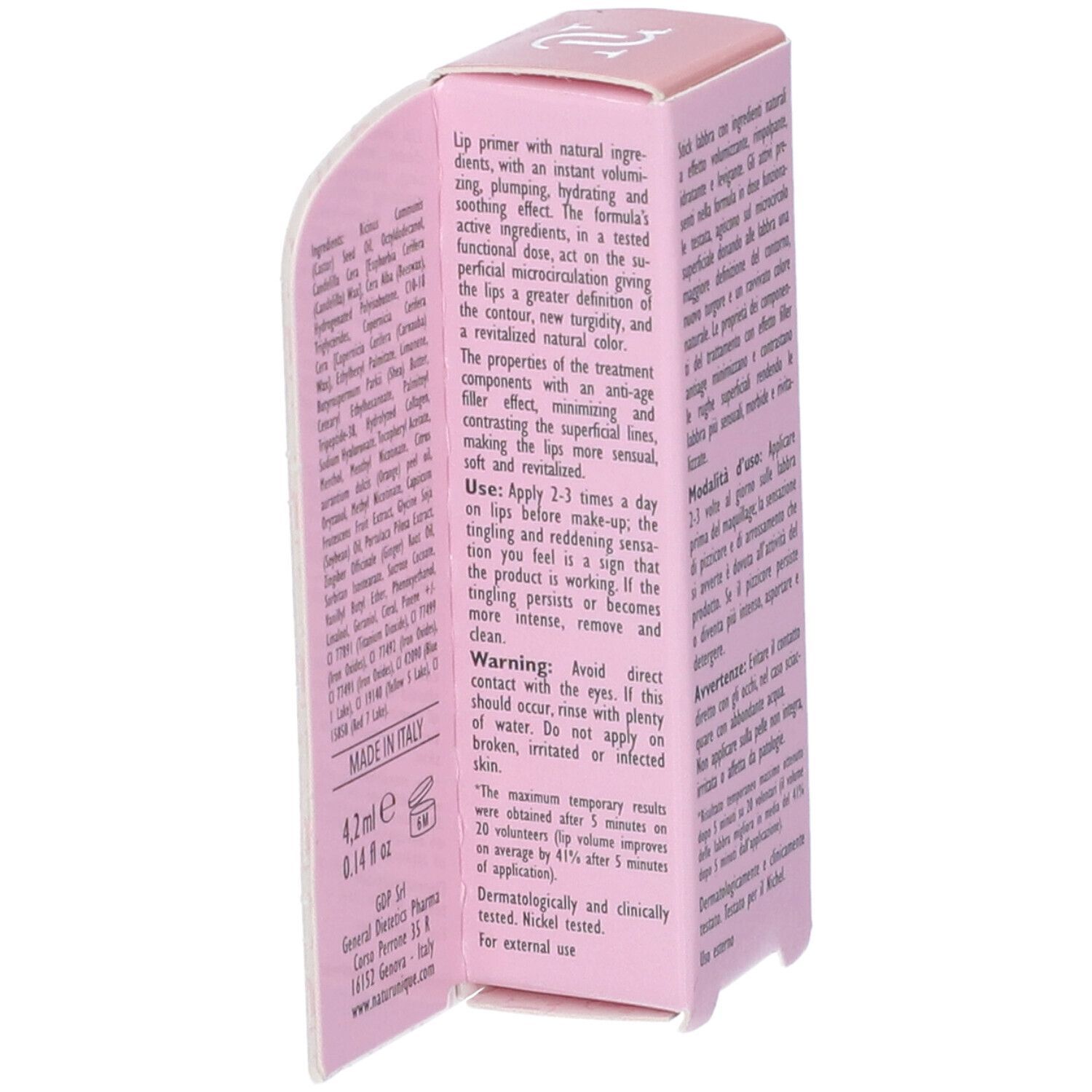 Verpackung eines Lippenprodukts mit Informationen zu Inhaltsstoffen und Anwendung.