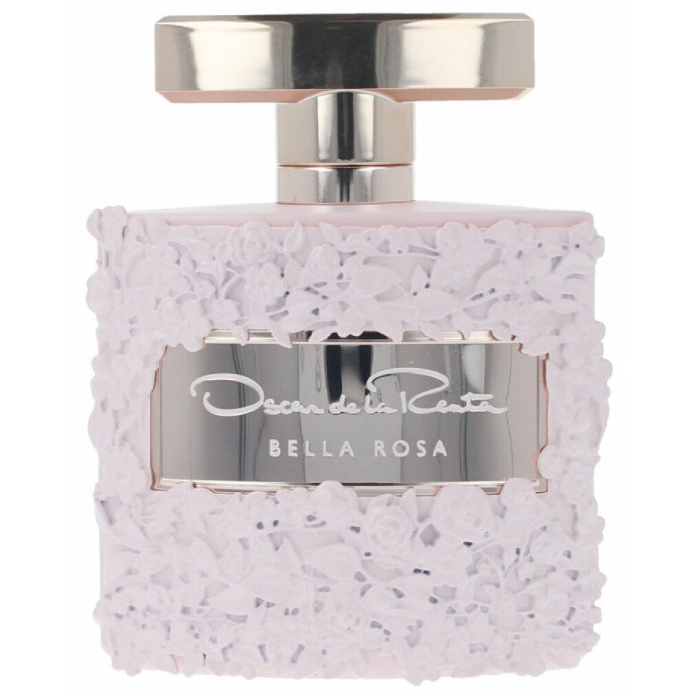 Parfümflakon mit floralem Design. Silberne Kappe, rosa Flüssigkeit. Aufschrift: Oscar de la Renta Bella Rosa.