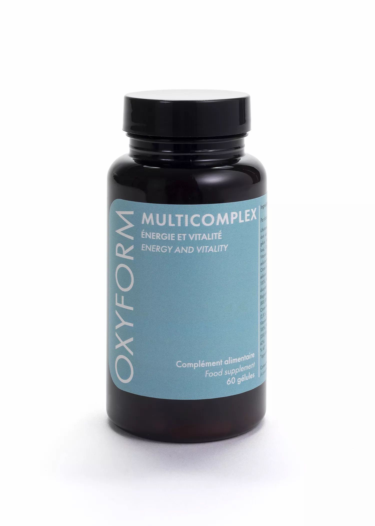 Oxyform Multicomplex Kapseln in einer schwarzen Flasche. 60 Kapseln. Blaues Etikett mit Produktinformationen.