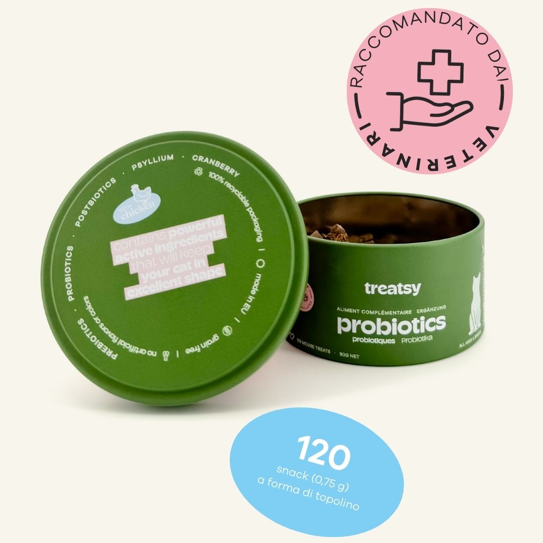 Grüne Dose mit „Treatsy Probiotics“. Aufkleber mit Inhaltsstoffen und „Empfohlen von Tierärzten“.