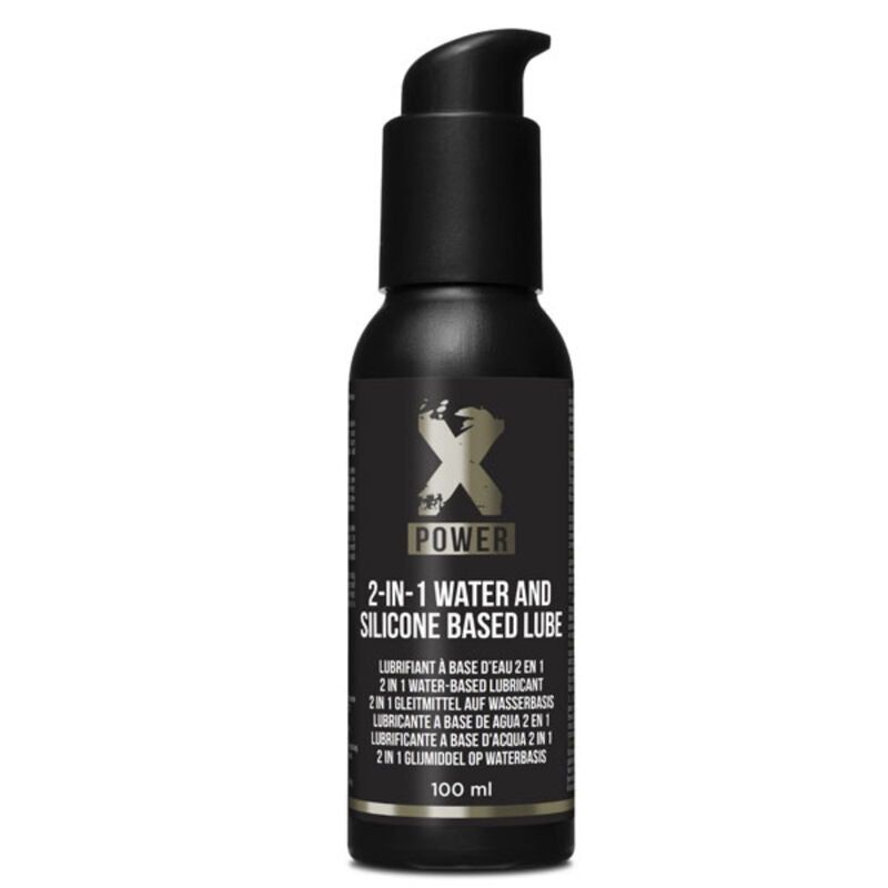 Schwarze Flasche mit Pumpkopf. Aufschrift: XPOWER, 2-in-1 Wasser- und Silikon-Gleitmittel. Mehrsprachige Produktinformationen. 100 ml.