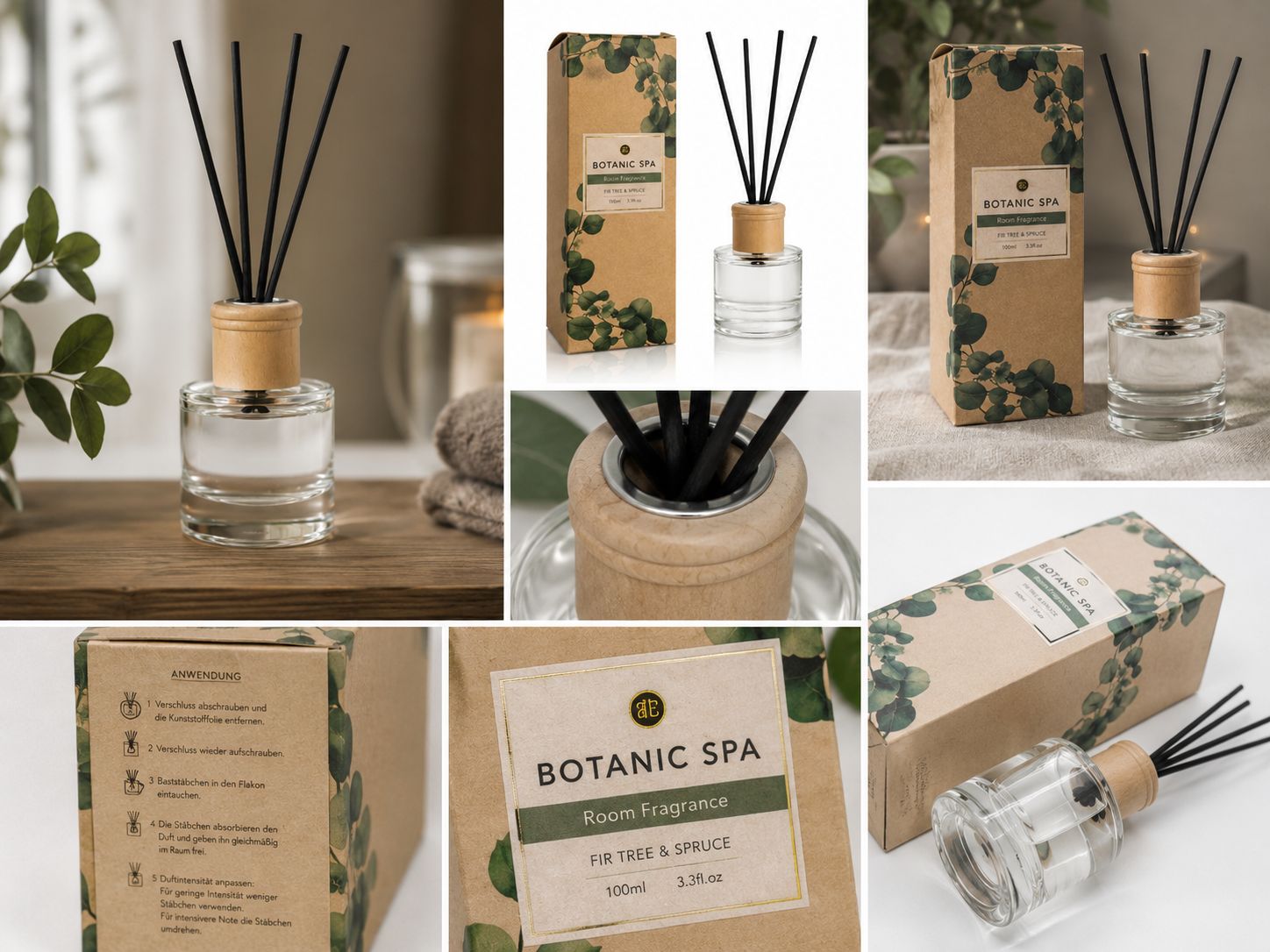 Accentra Raumduft Diffuser BOTANIC SPA Tanne & Fichte, verschiedene Ansichten mit Verpackung und Nahaufnahmen des Diffusors.