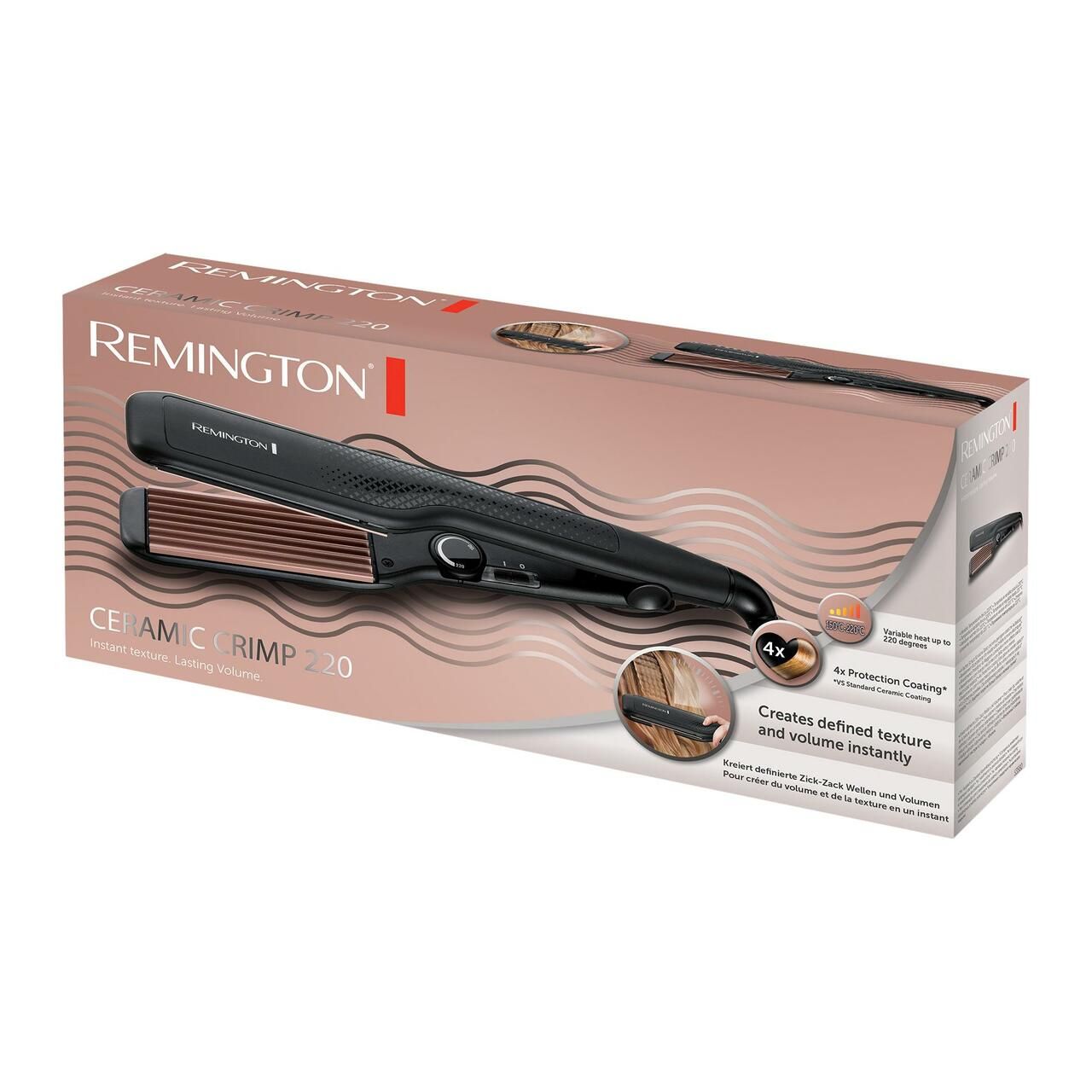 Haarcreppeise in Verpackung. Produktname: CERAMIC CRIMP 220. Remington-Logo. Illustrationen von Anwendung.