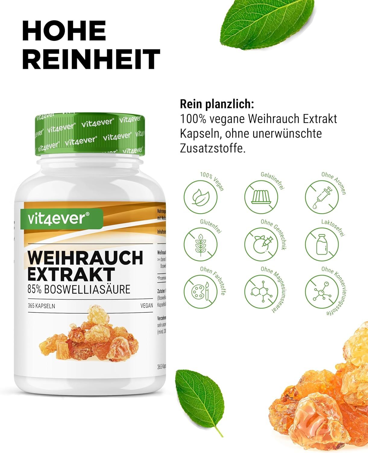 Weihrauch Extrakt Flasche. Aufschrift: vit4ever, Weihrauch Extrakt, 85% Boswelliasäure, 365 Kapseln. Vegan. Ohne Zusatzstoffe.