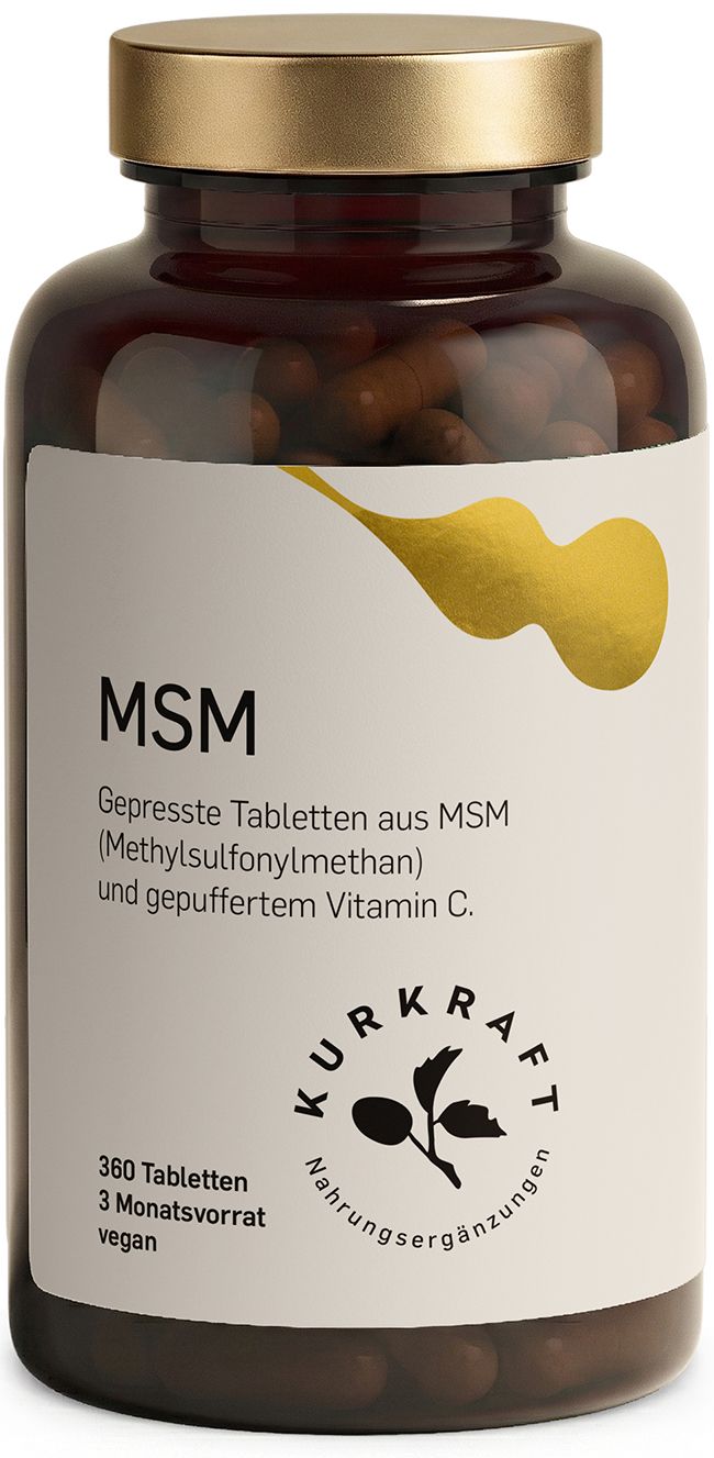 Braune Flasche mit MSM Tabletten. Etikett mit Text: MSM, 360 Tabletten, 3 Monatsvorrat, vegan.