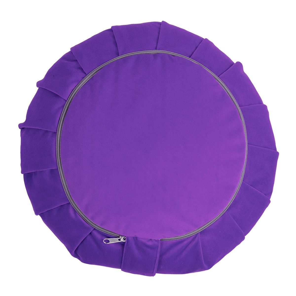 Violettes Meditationskissen mit Reißverschluss. Runde Form, Falten am Rand.