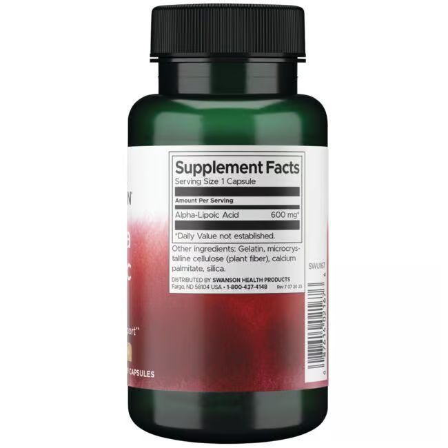Rückseite der grünen Flasche. Etikett mit Nährwertangaben: Alpha-Liponsäure 600 mg. Weitere Inhaltsstoffe.