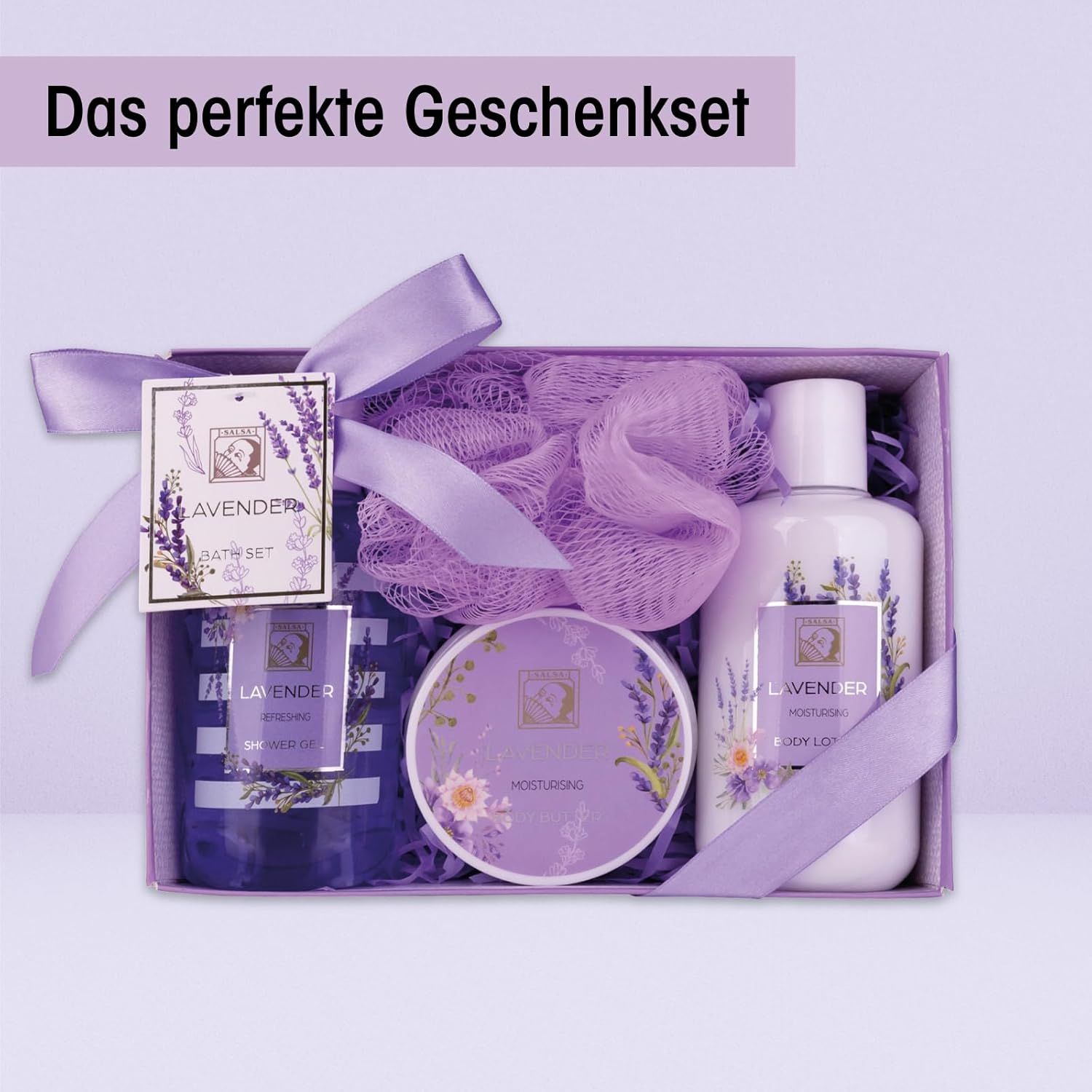 Geschenkset in Box. Enthält Duschgel, Bodylotion, Badeschwamm und Creme. Lila Schleife. Text: Das perfekte Geschenkset.