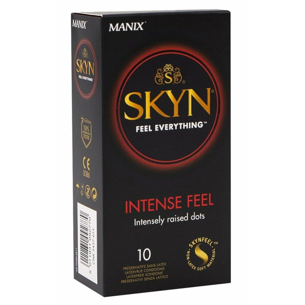 Schwarze Schachtel mit rotem Akzent. Aufschrift SKYN, INTENSE FEEL, 10 Kondome. MANIX-Logo.