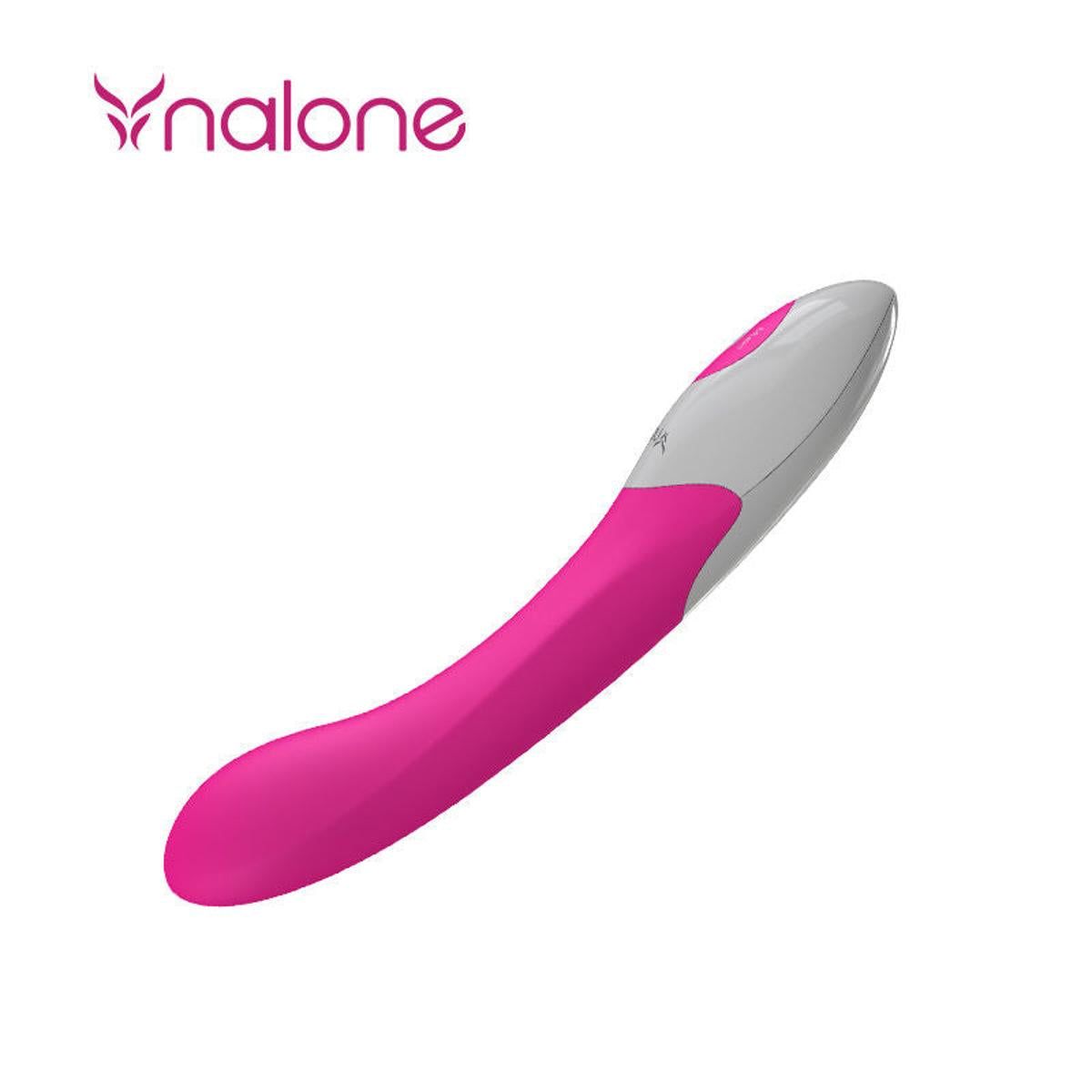 Pinkfarbener Vibrator mit weißem Bedienfeld. Marke Nalone. Knöpfe für Musik und Modus.