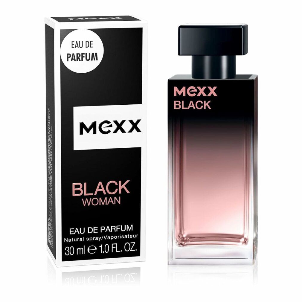 Schwarzer Flakon mit schwarzem Deckel und Verpackung. Aufschrift: Mexx Black Woman Eau de Parfum. 30 ml.
