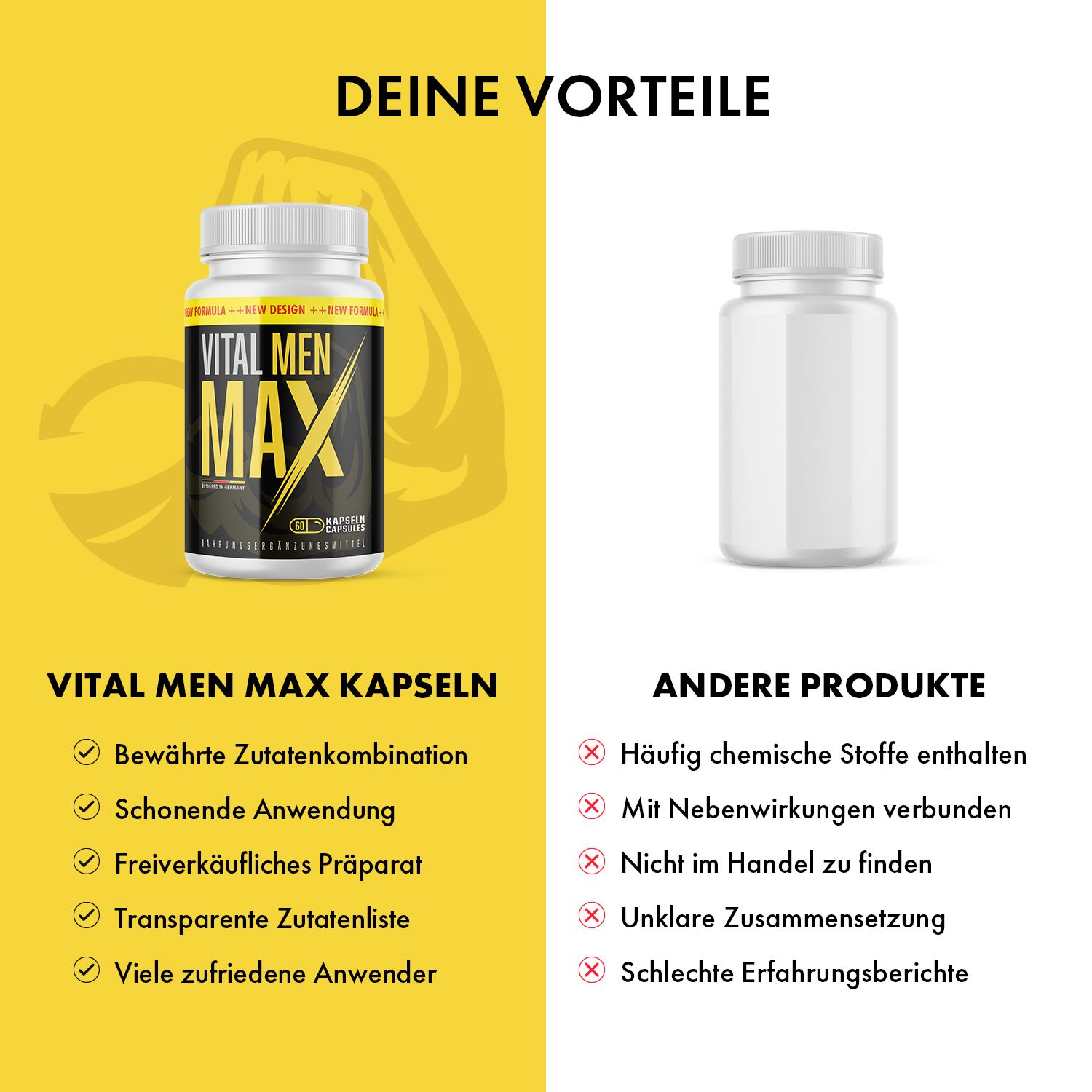 Vergleich: VITAL MEN MAX Kapseln und andere Produkte. Vorteile: Bewährte Zutaten, schonende Anwendung, freiverkäuflich, transparente Zutatenliste.