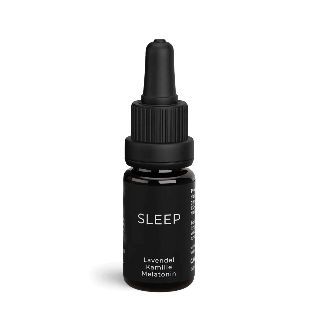 Dunkle Glasflasche mit Pipette. Beschriftung: SLEEP, Lavendel, Kamille, Melatonin, CANNABY.