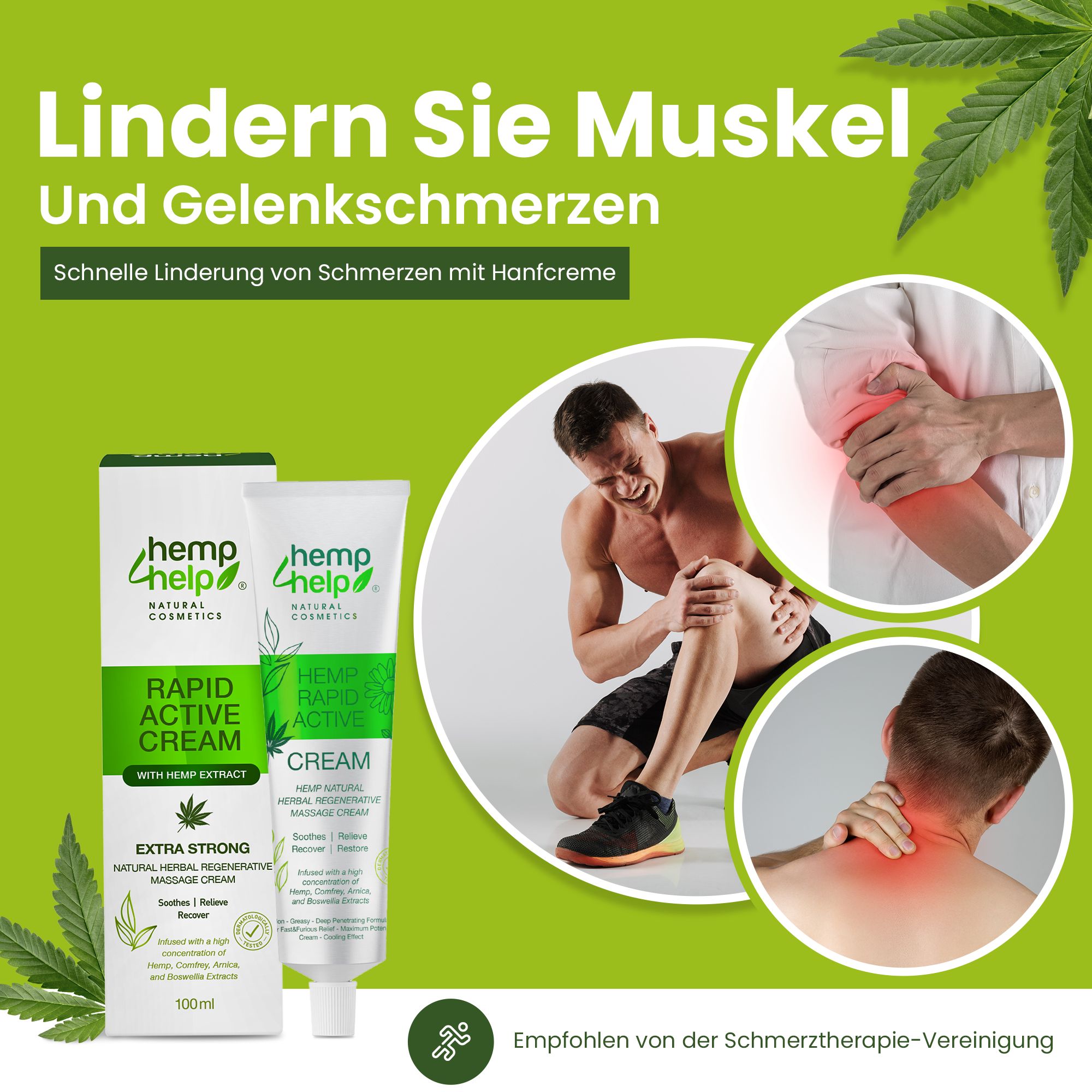 Hemp+Help Rapid Active Creme Tube und Kartonverpackung mit Darstellungen von Muskel- und Gelenkschmerzen.