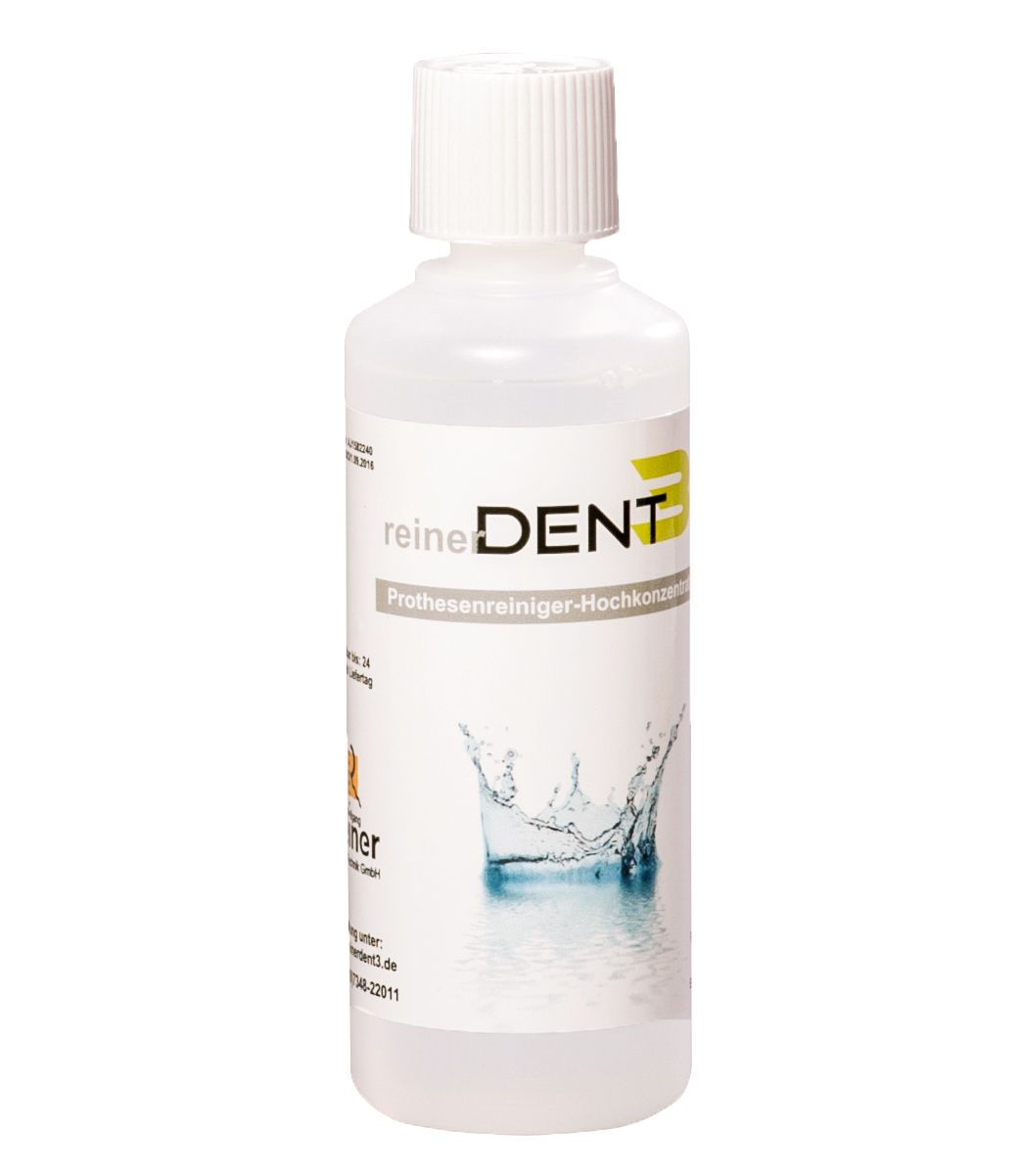 Transparente Flasche mit weißem Deckel. Etikett mit Produktnamen und Logo. Aufdruck: Prothesenreiniger-Hochkonzentrat.