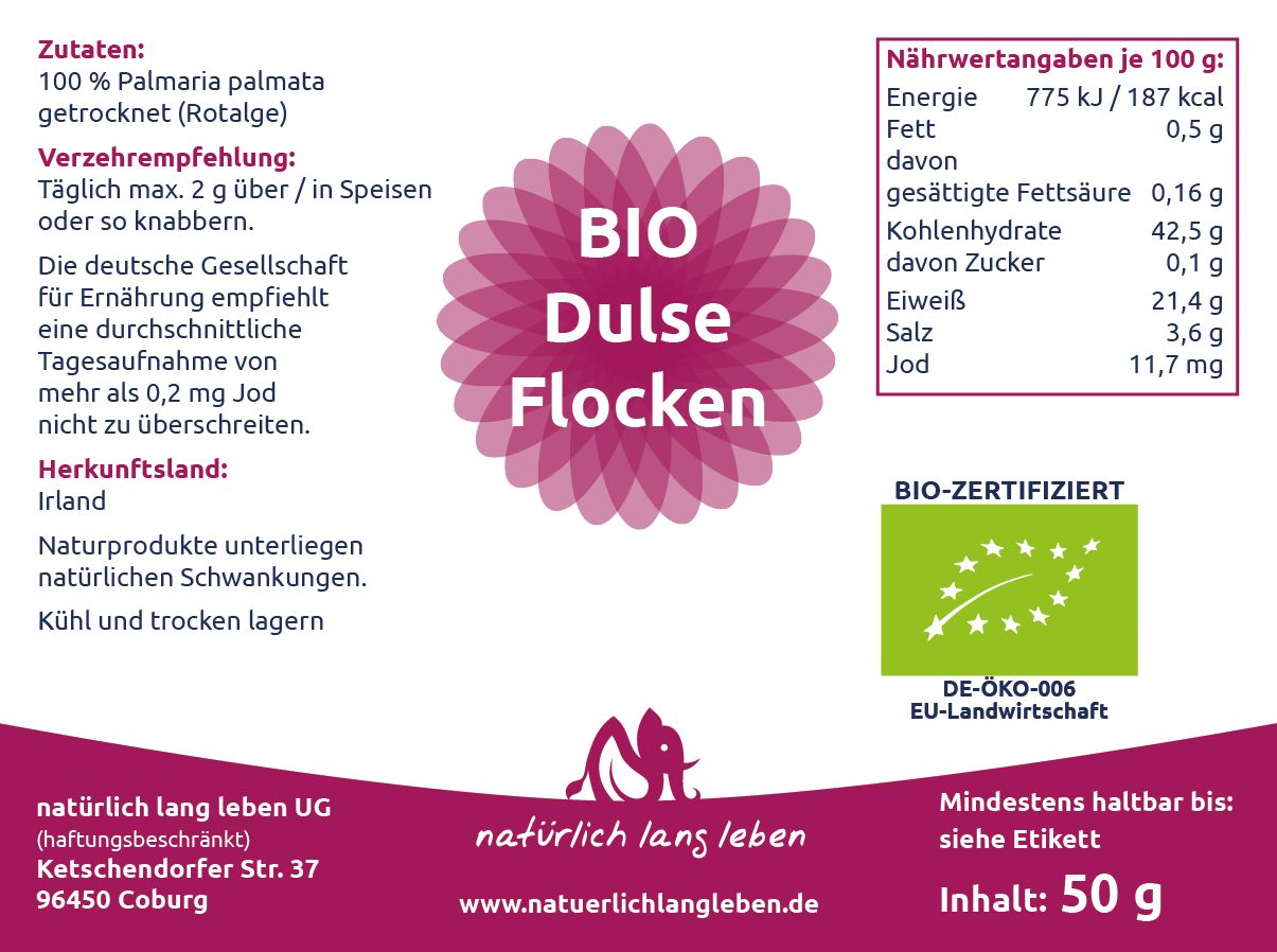 Etikett mit BIO Dulse Flocken. Angaben zu Inhaltsstoffen, Nährwerten, Herkunft, Bio-Zertifizierung und Mindesthaltbarkeit.