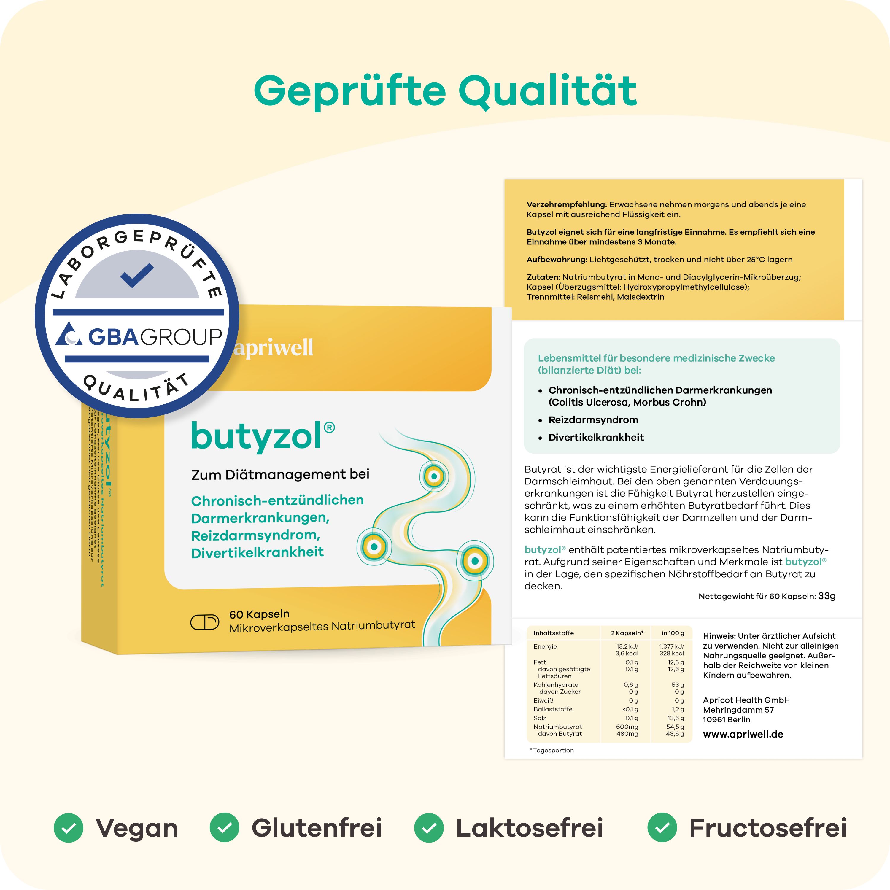 Produktverpackung mit Text und Inhaltsangaben. GBA-Qualitätssiegel. Vegan, glutenfrei, laktosefrei, fructosefrei.